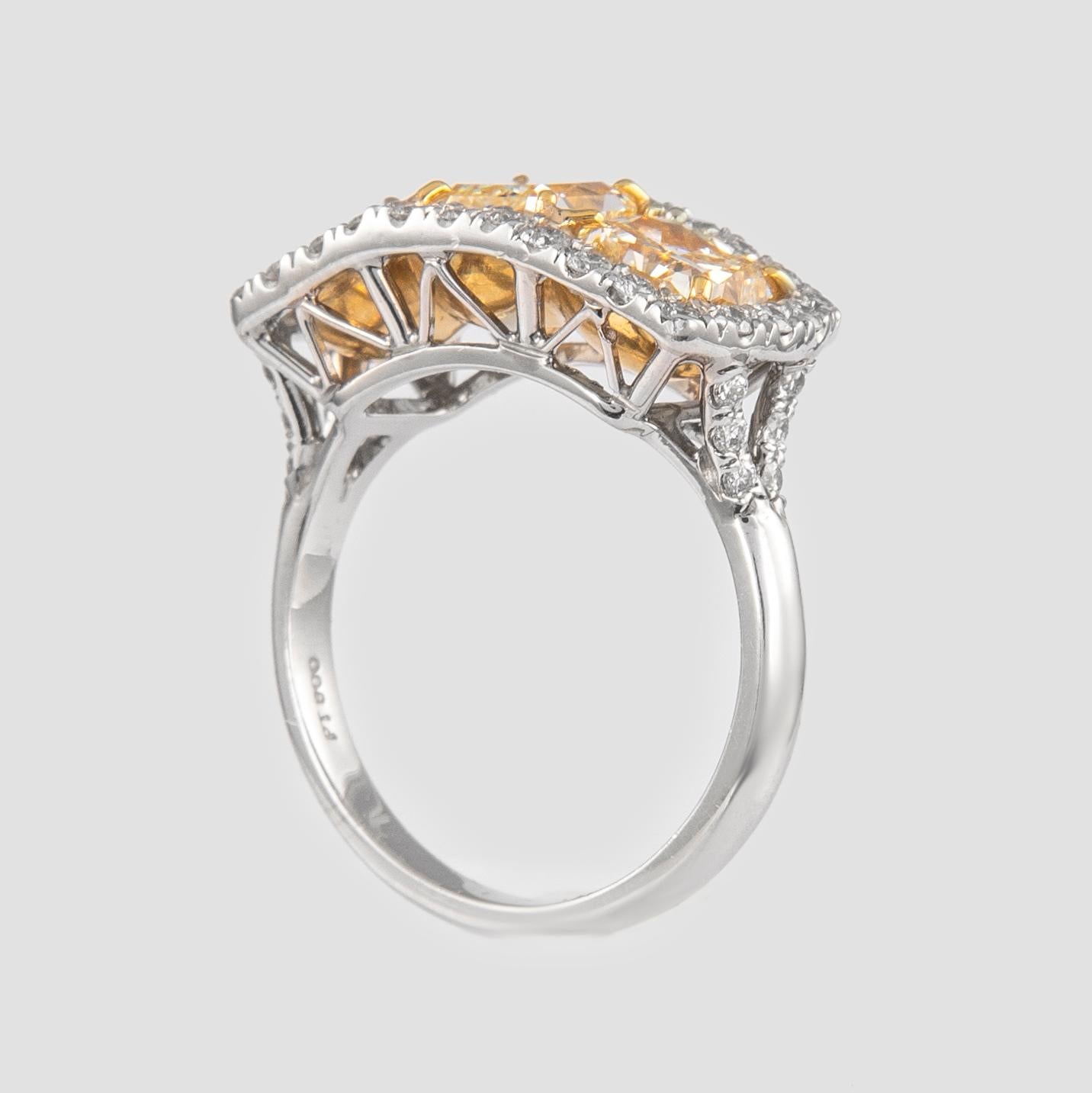 Women's 5.25 Carat 3-Stone Yellow Diamond Ring 18 Karat White and Yellow Gold For Sale