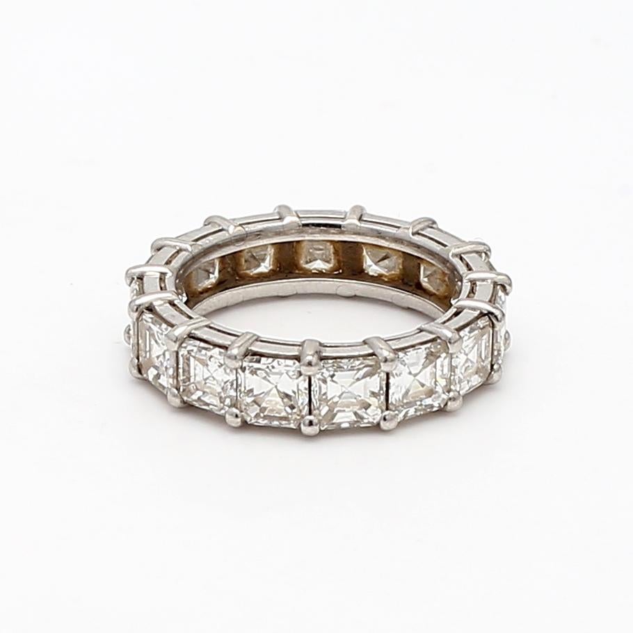 Women's 5.25 Carat Asscher Cut G VS1 Diamond Platinum Eternity Band Ring For Sale