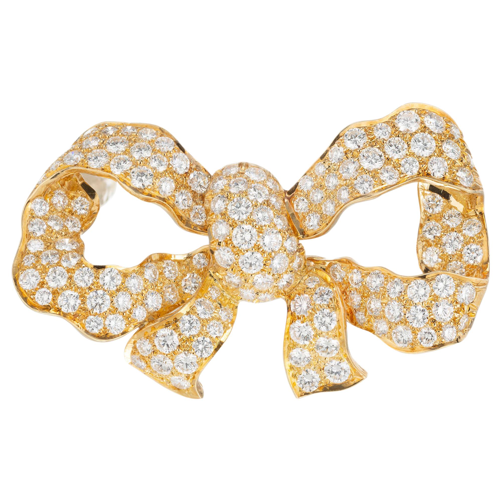 5.25 Carat Diamond Yellow Gold Bow Brooch For Sale