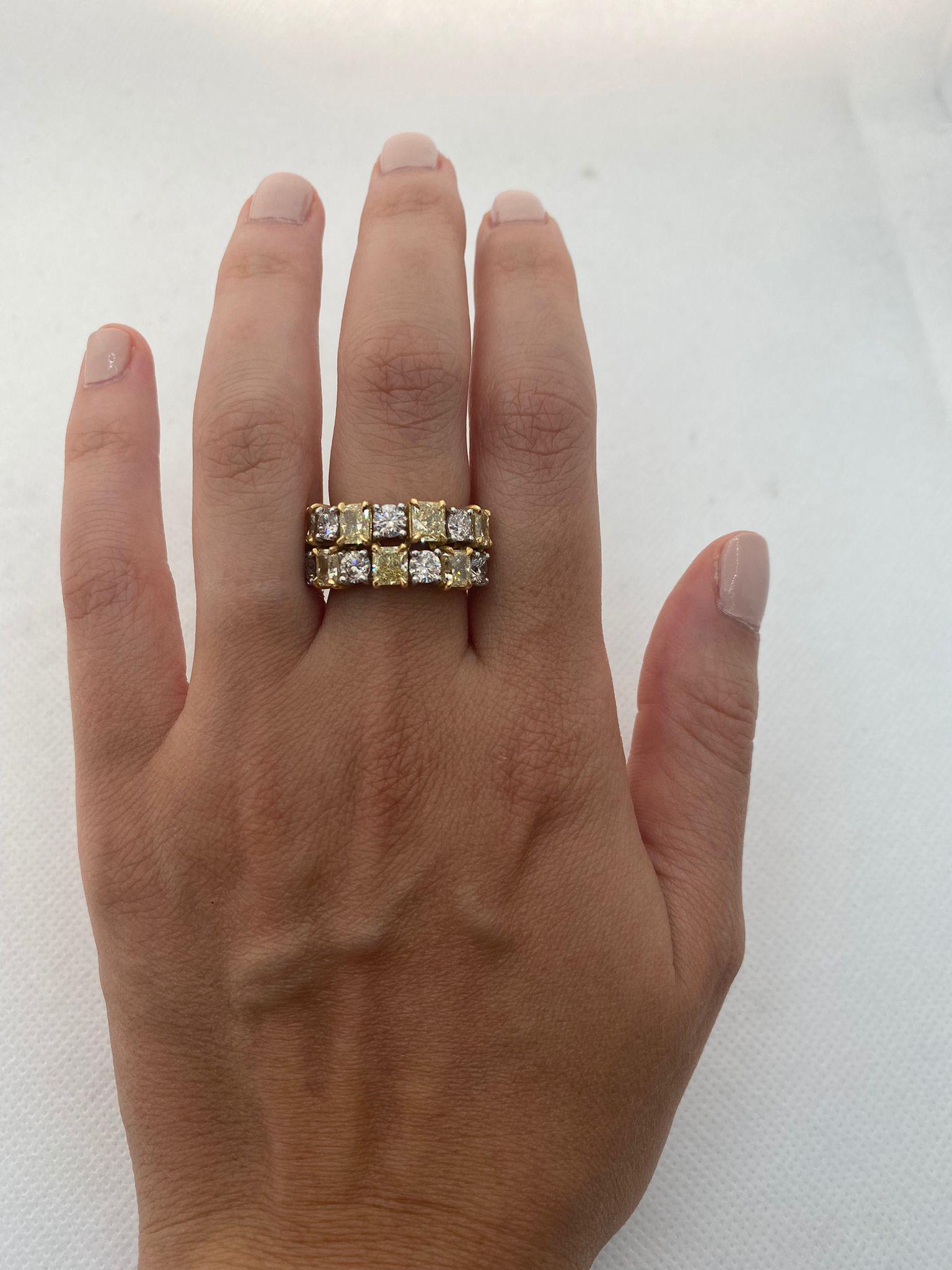5.25 Carat Fancy Yellow Radiant Cut and White Diamond Band Ring In New Condition For Sale In New York, NY
