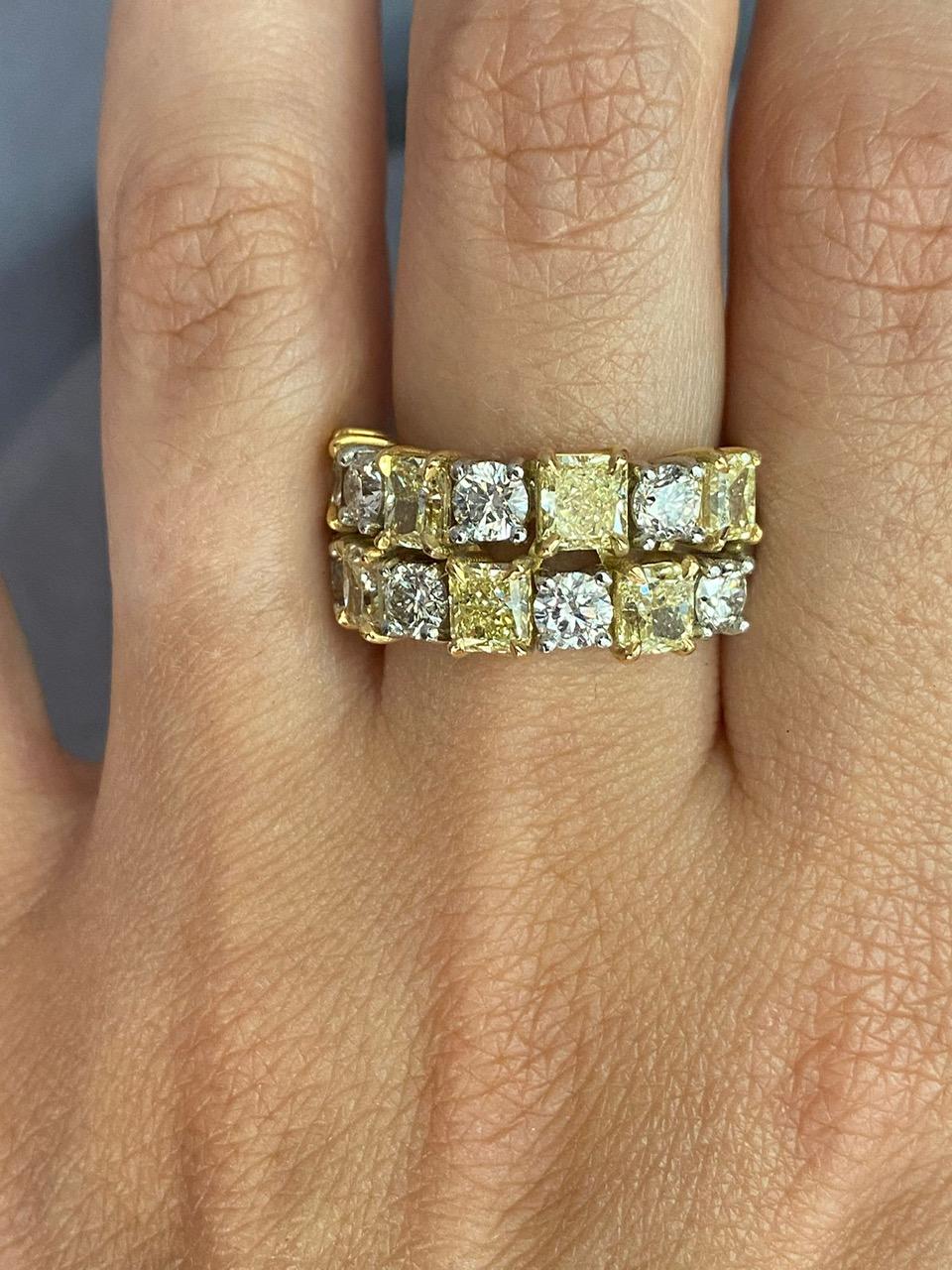 5.25 Carat Fancy Yellow Radiant Cut and White Diamond Band Ring For Sale 1