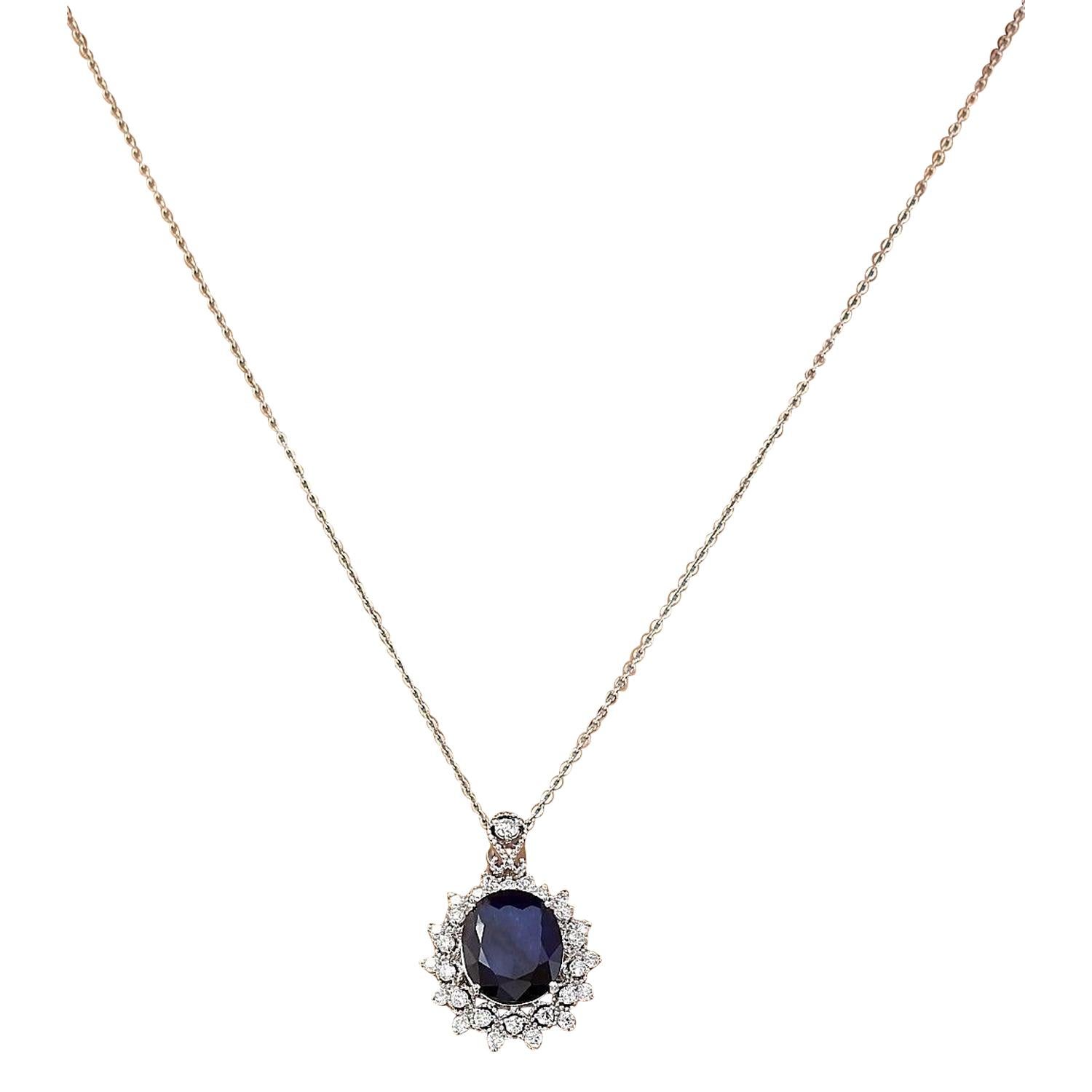 Oval Cut Sapphire Diamond Pendant Necklace In 14 Karat Solid White Gold  For Sale