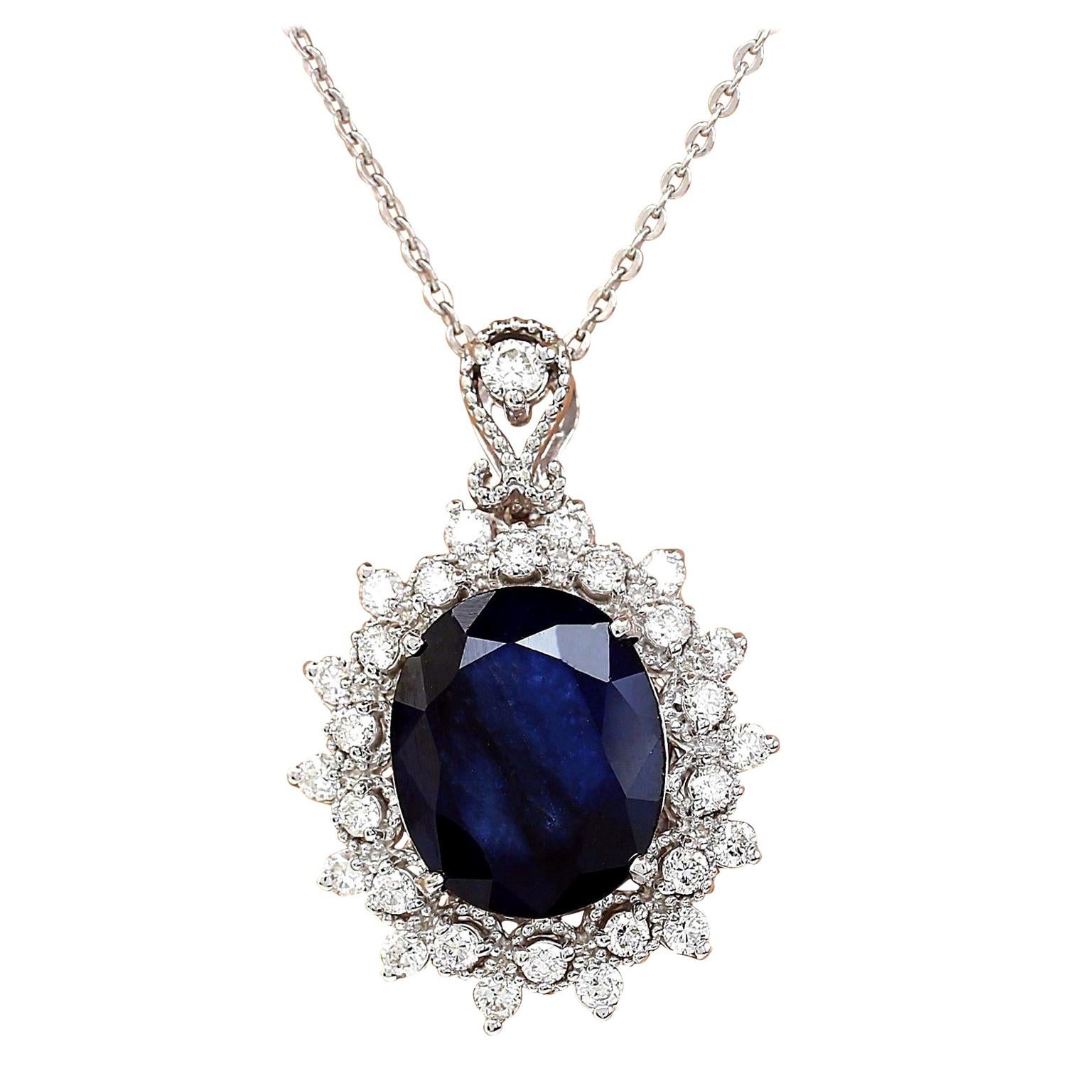 Sapphire Diamond Pendant Necklace In 14 Karat Solid White Gold  For Sale