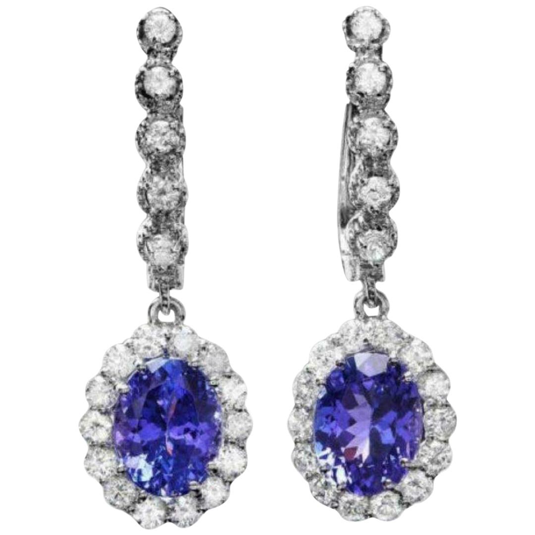 5.25 Carat Natural Tanzanite and Diamond 18 Karat Solid White Gold Earrings For Sale