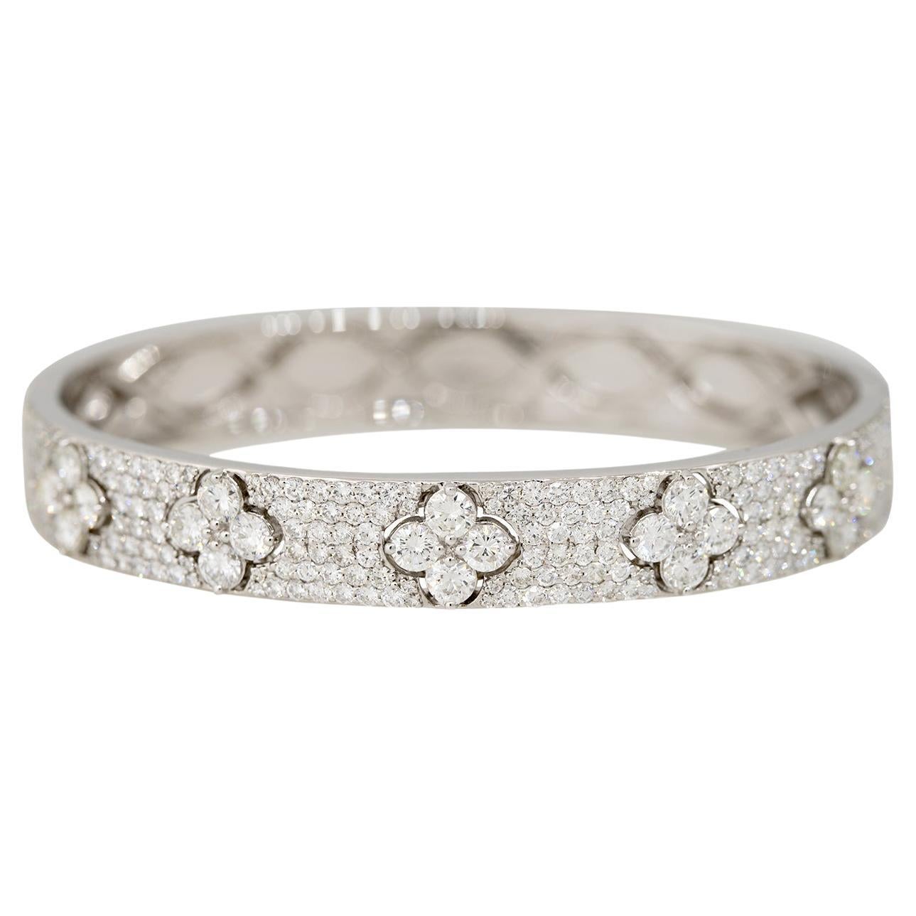 5.25 Carat Pave Diamond Flower Bangle Bracelet 18 Karat In Stock For Sale