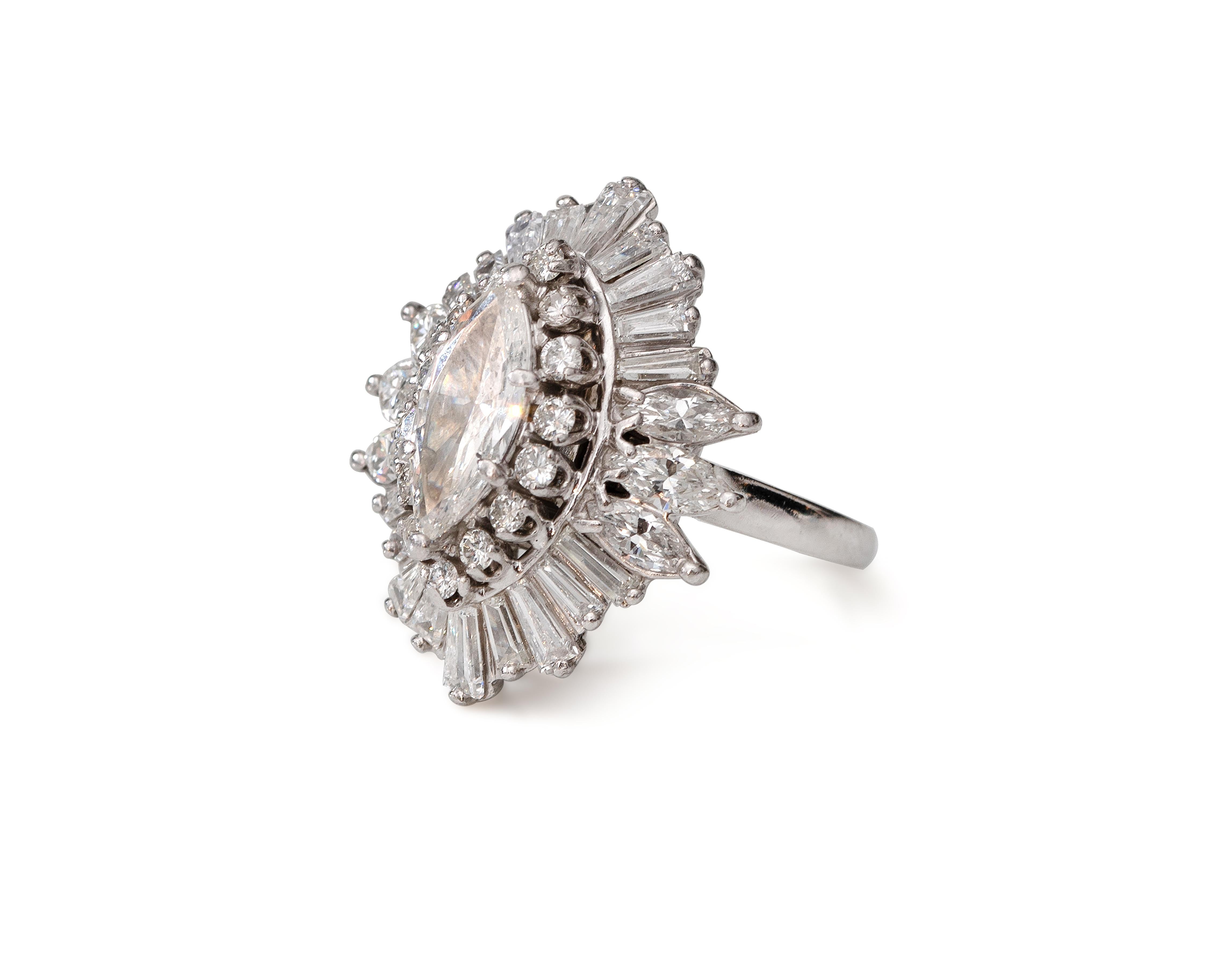 Marquise Cut 5.25 Carat Total Marquise and Baguette Diamond Platinum Ring