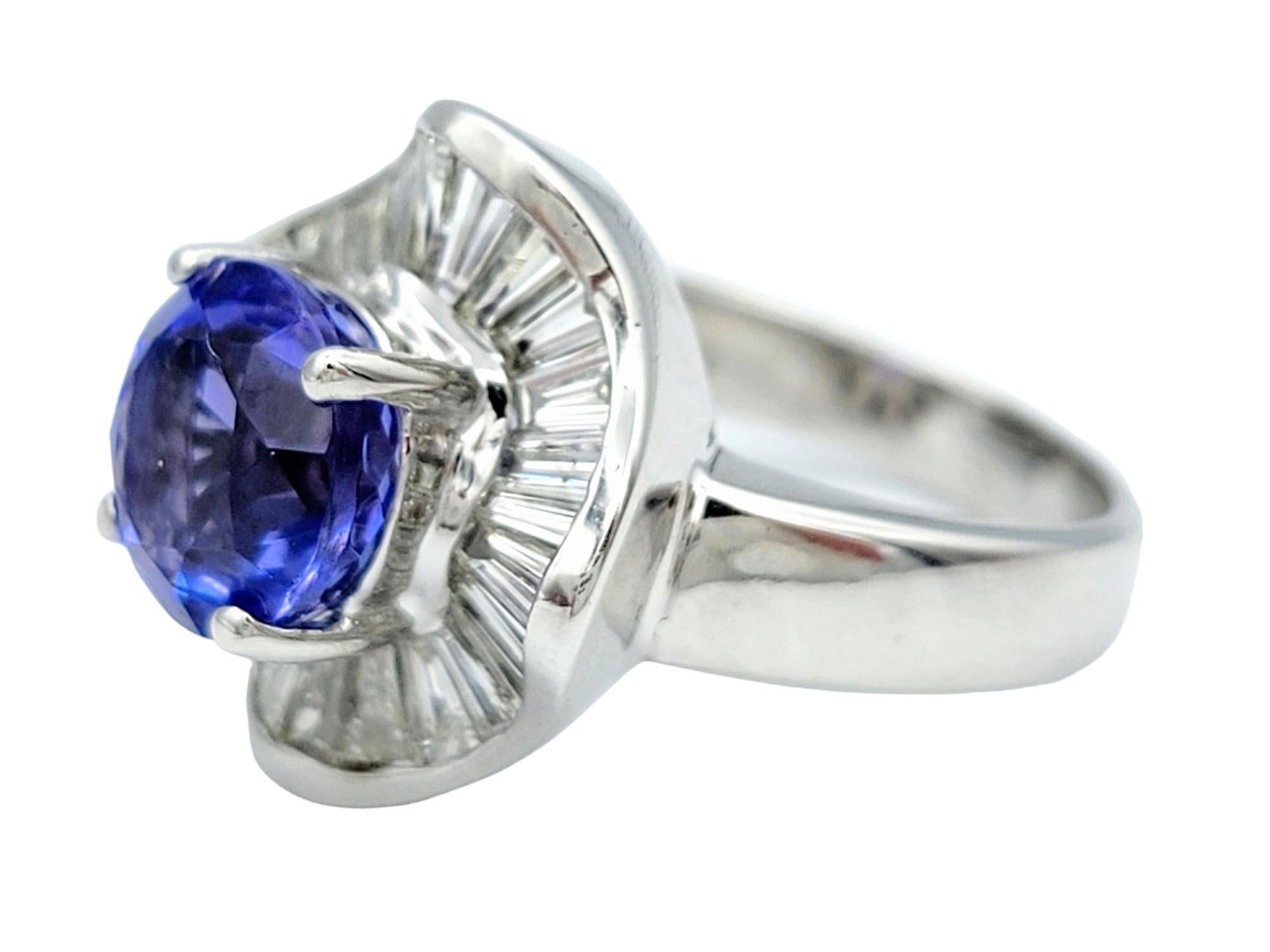 Round Cut 5.25 Carat Total Round Tanzanite and Baguette Diamond 18K Gold Cocktail Ring  For Sale