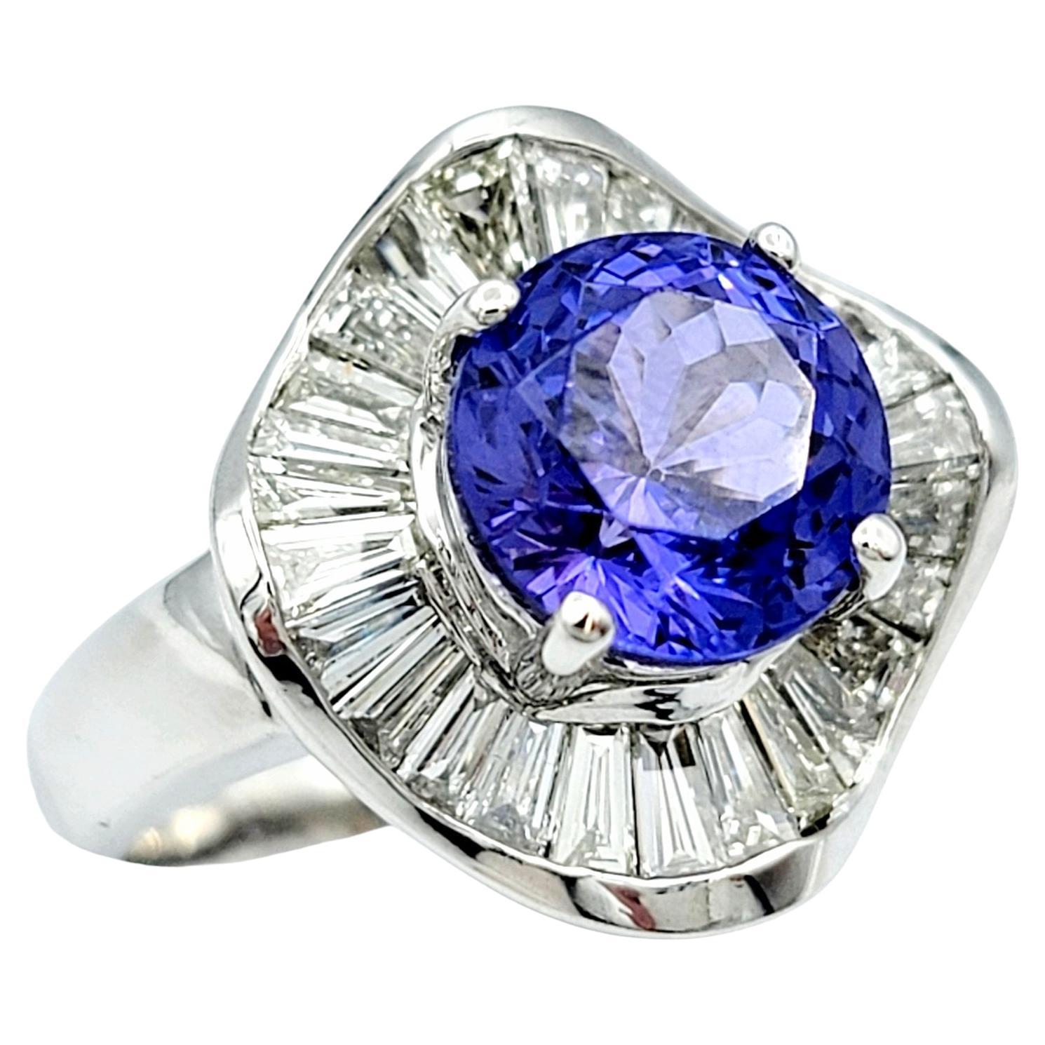 5.25 Carat Total Round Tanzanite and Baguette Diamond 18K Gold Cocktail Ring  For Sale