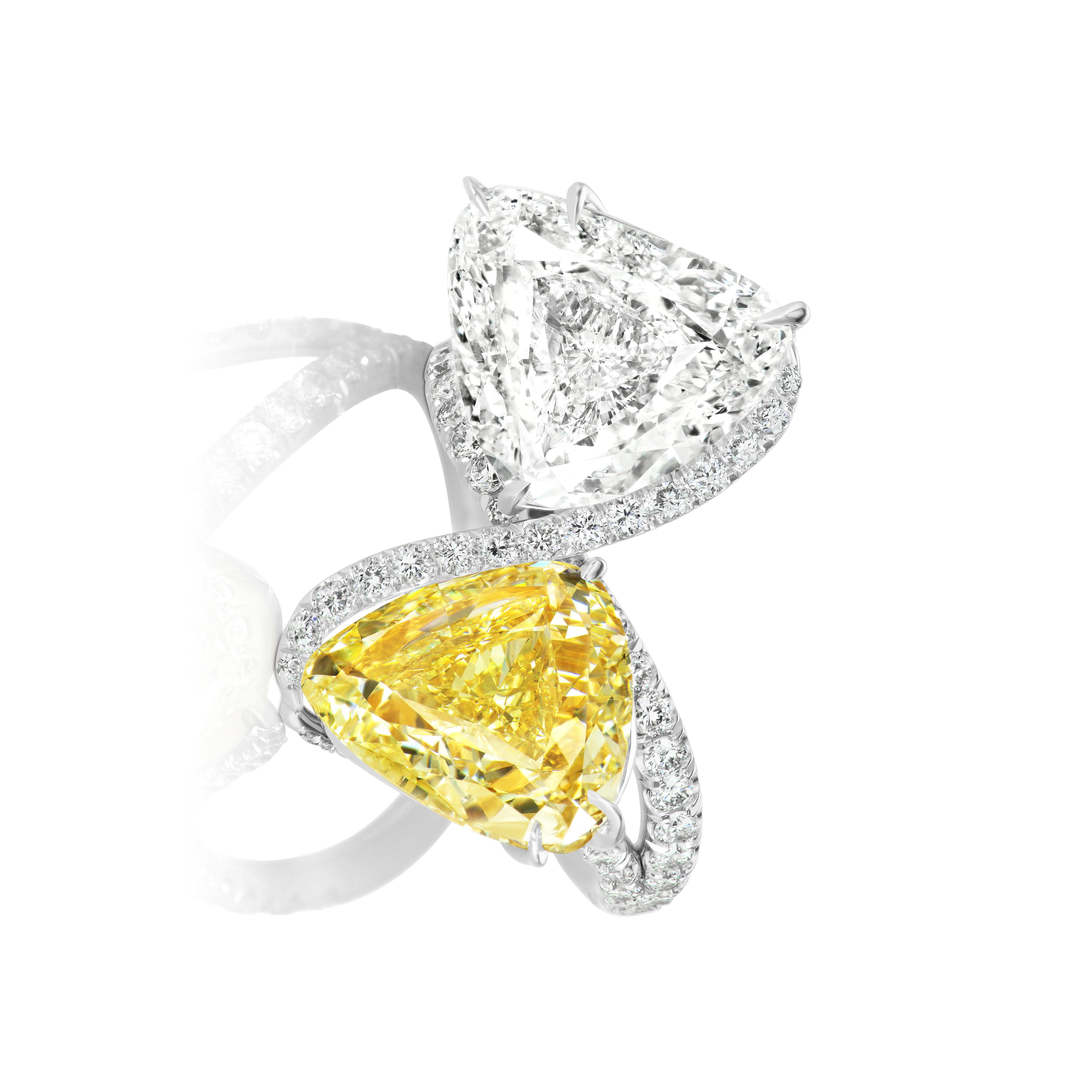 Trillion Cut 5.25 Carat Triangular Shaped Yellow and White Diamond Two-Stone Toi et Moi Ring