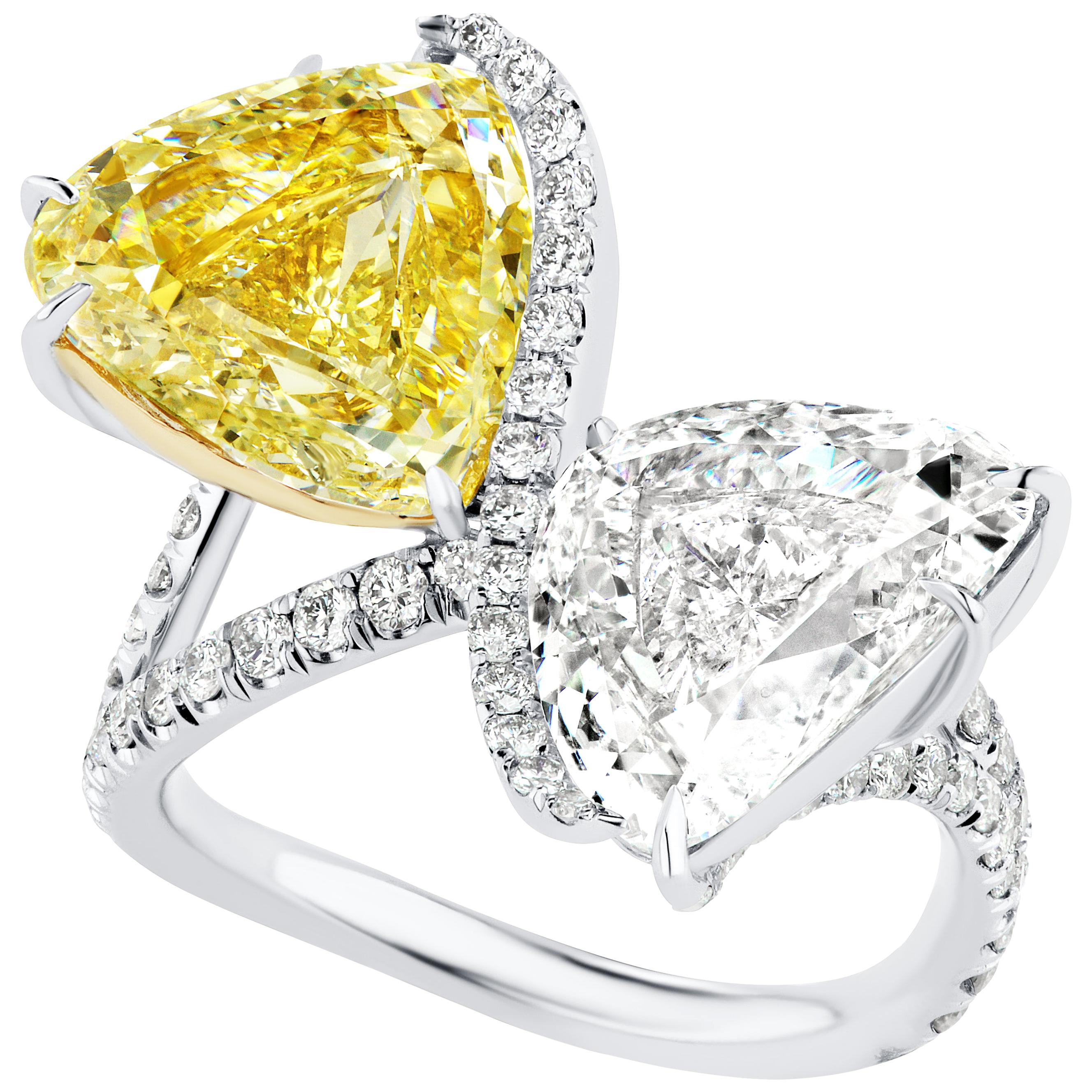 5.25 Carat Triangular Shaped Yellow and White Diamond Two-Stone Toi et Moi Ring