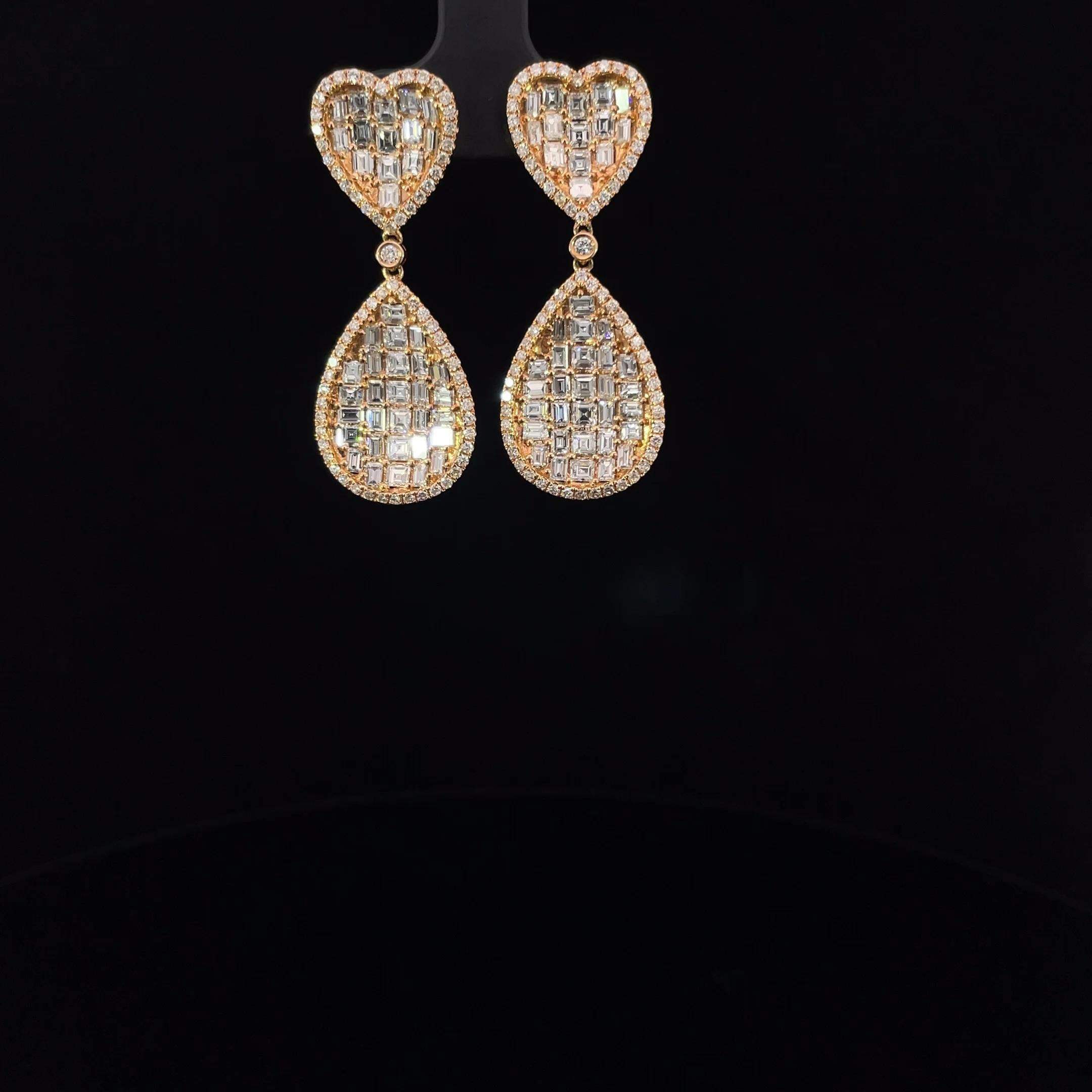 Taglio a rosa Orecchini a cuore e a goccia con diamante da 5,25 carati VS1 in oro rosa 18 carati in vendita