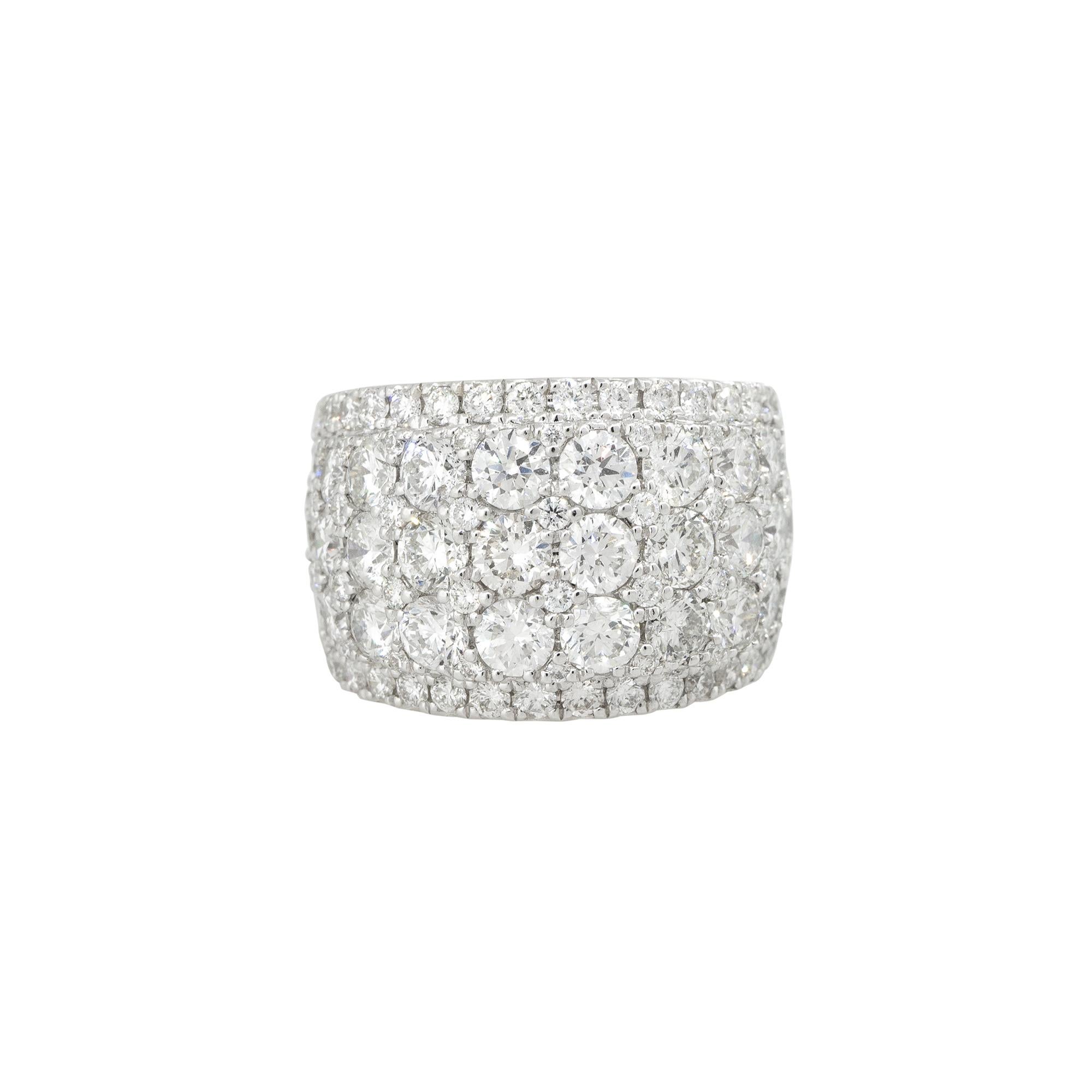 18k White Gold 5.25ctw Wide Pave Diamond Band
Style: Women's Pave Diamond Ring
Material: 18k White Gold
Diamond Details: Approximately 5.25ctw of Pave set, Round Brilliant Diamonds. The band has larger stones with smaller stones set within and along