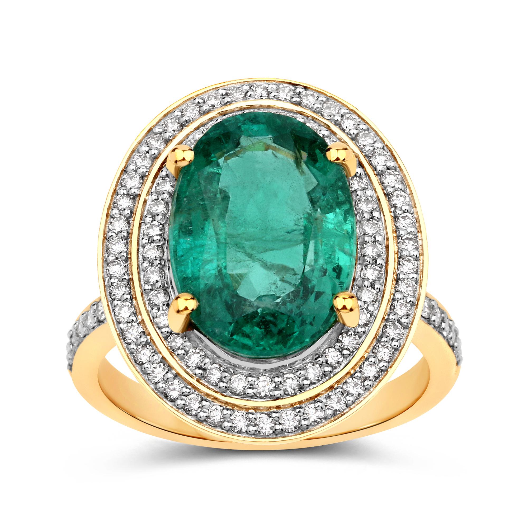 5.25 Carat Oval-shaped Zambian Emerald and 0.57 Carat White Diamond 18 Karat Yellow Gold Cocktail Ring

Center Stone Details: 
Stone: Zambian Emerald (Top Quality)
Shape: Oval Shape
Size: 13.50X9.60mm
Weight: 5.25 carat

Diamond Details:
Shape: