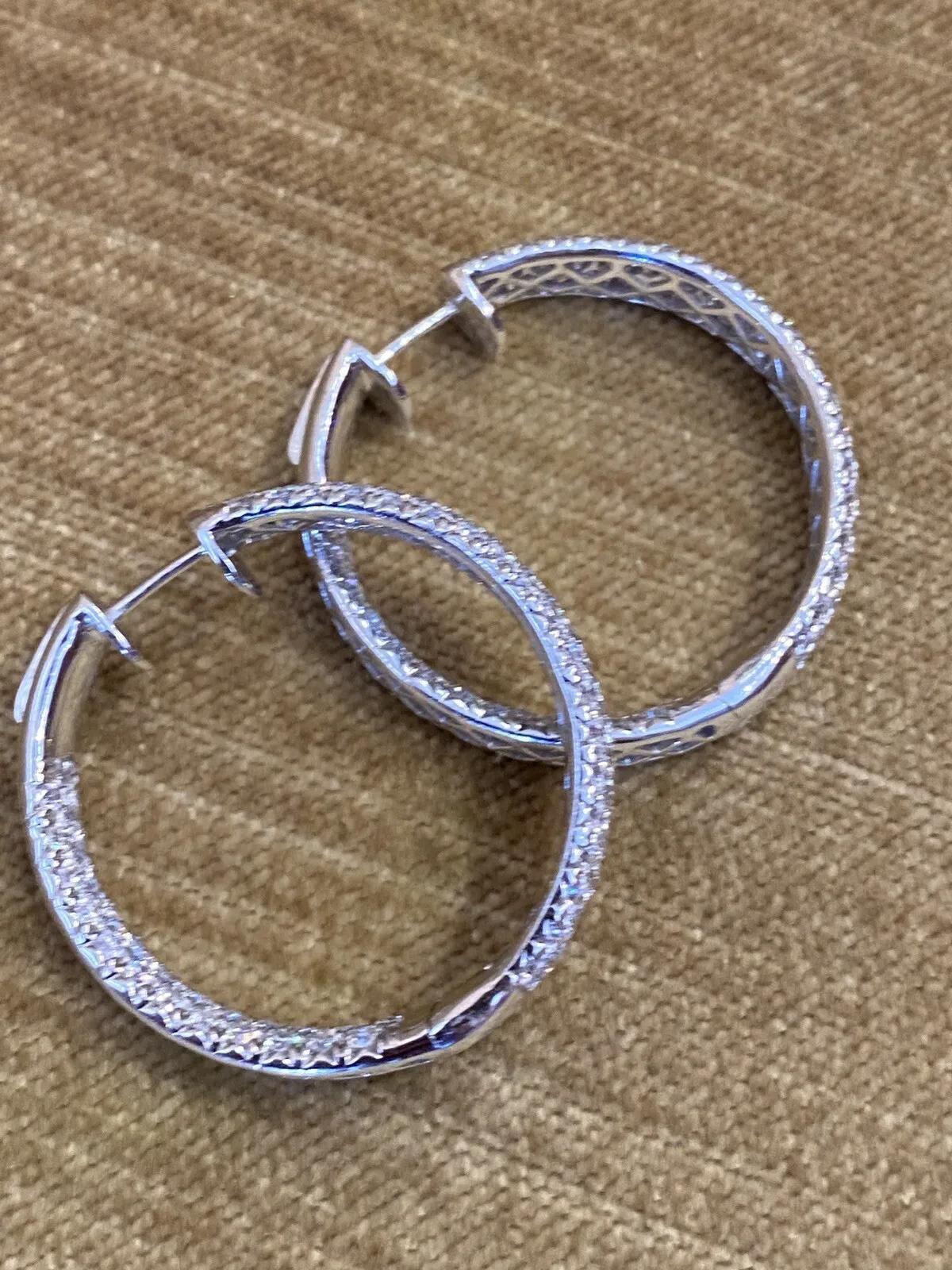 Women's 5.25 Carats Inside Out Round Pavé Diamond Large Hoop Earrings in 18k White Gold