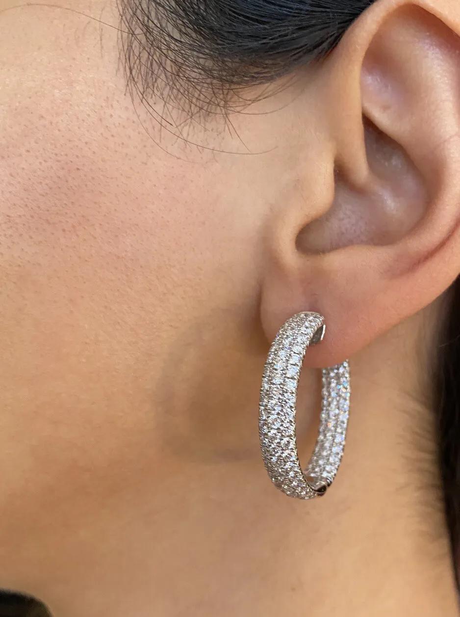 5.25 Carats Inside Out Round Pavé Diamond Large Hoop Earrings in 18k White Gold 1