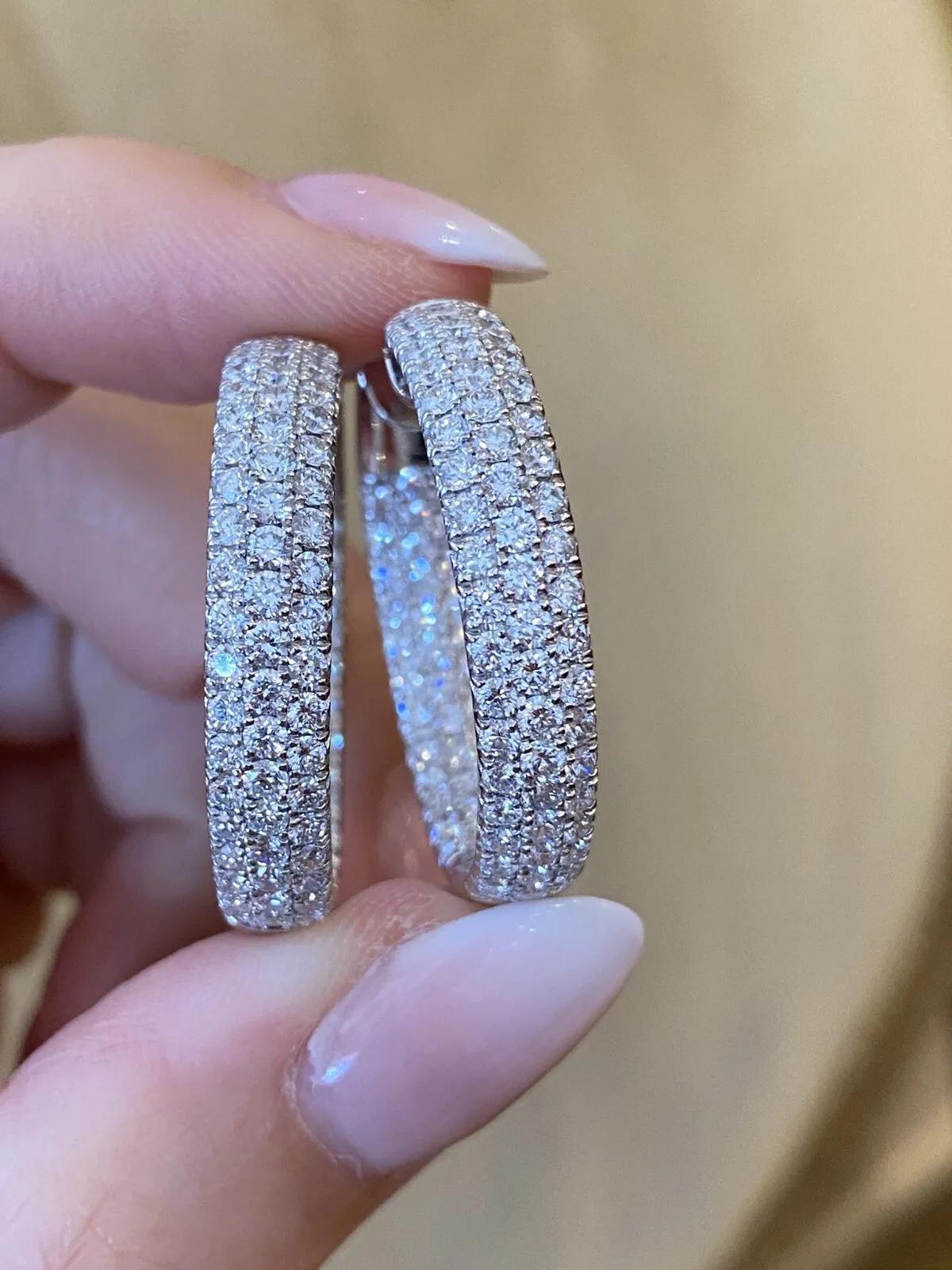 5.25 Carats Inside Out Round Pavé Diamond Large Hoop Earrings in 18k White Gold 3