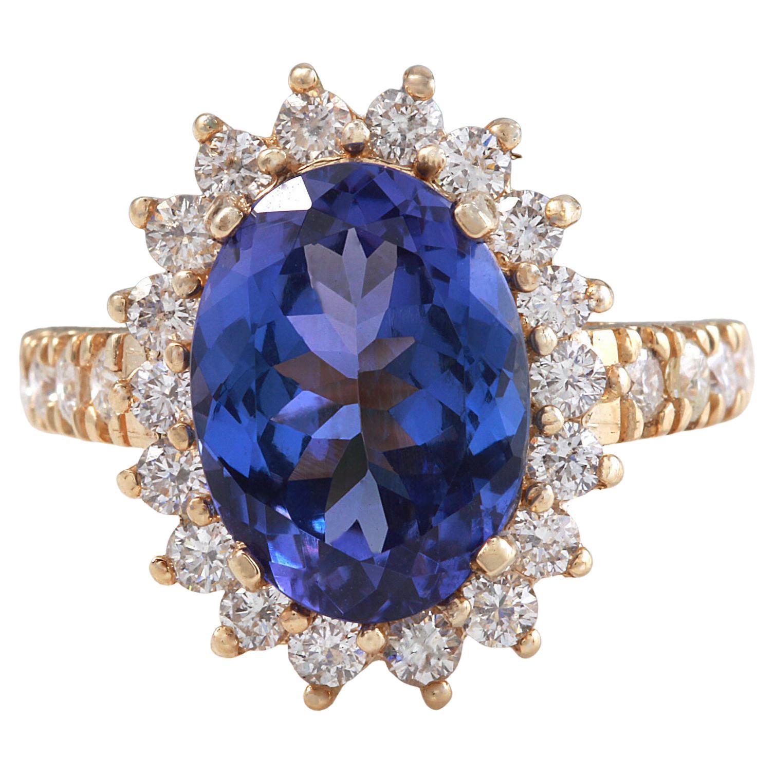 5.25 Carats Natural Tanzanite and Diamond 14K Solid Yellow Gold Ring