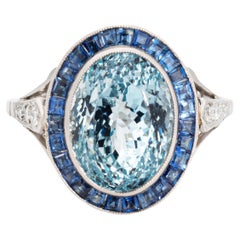 Vintage 5.25ct Aquamarine Sapphire Ring Gemstone Engagement Platinum Diamond 6 Jewelry 