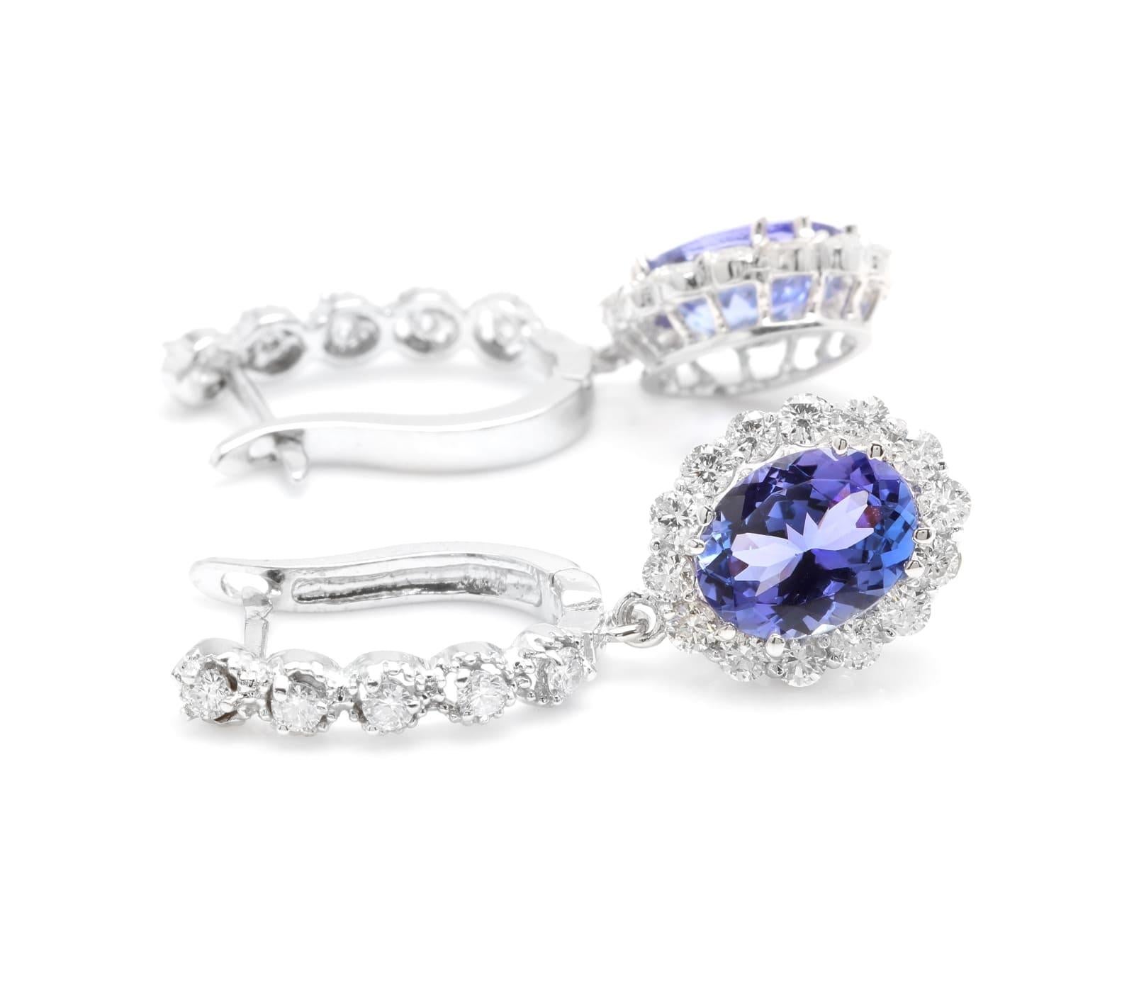 Round Cut 5.25 Carat Natural Tanzanite and Diamond 18 Karat Solid White Gold Earrings For Sale