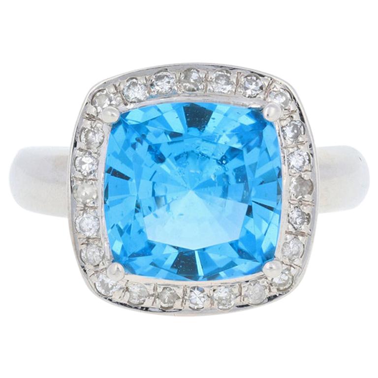 Customizable New London Blue Topaz and Blue Topaz Ring, 14k White Gold