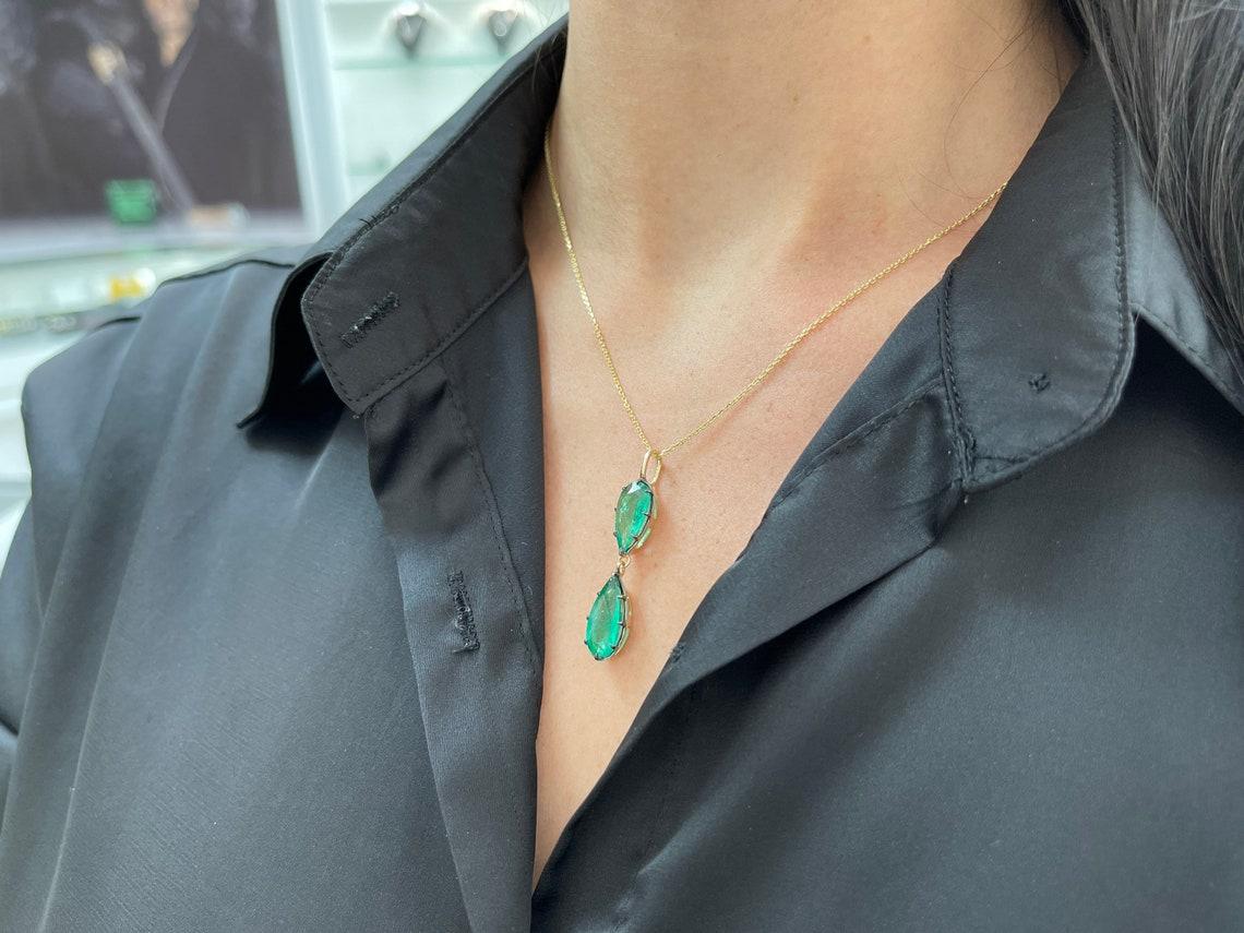5.25tcw 14K Teardrop Emerald Georgian Styled Solitaire Pendant In New Condition For Sale In Jupiter, FL