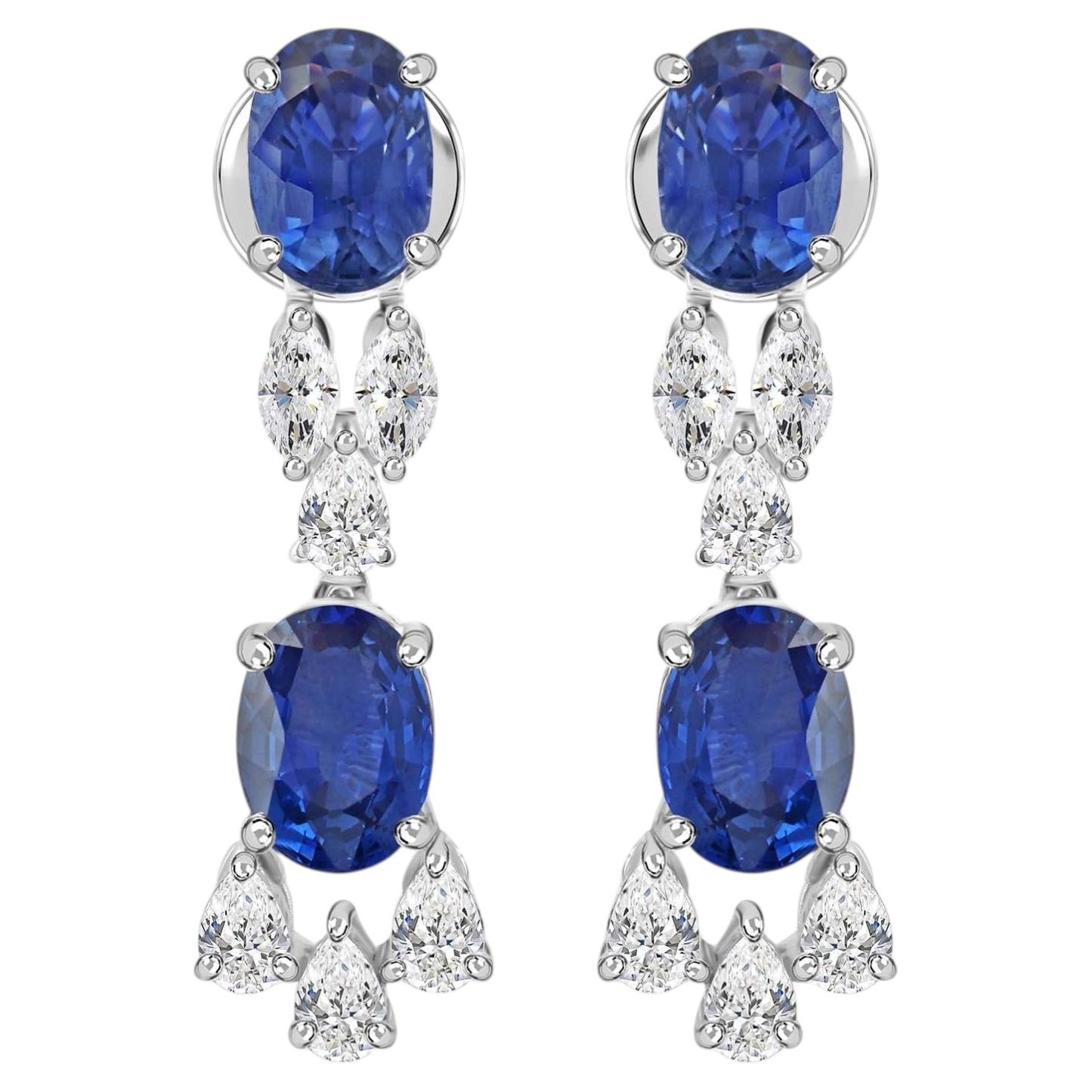 18K White Gold Blue Sapphire SI Clarity Hi Color Diamond Drop Earrings