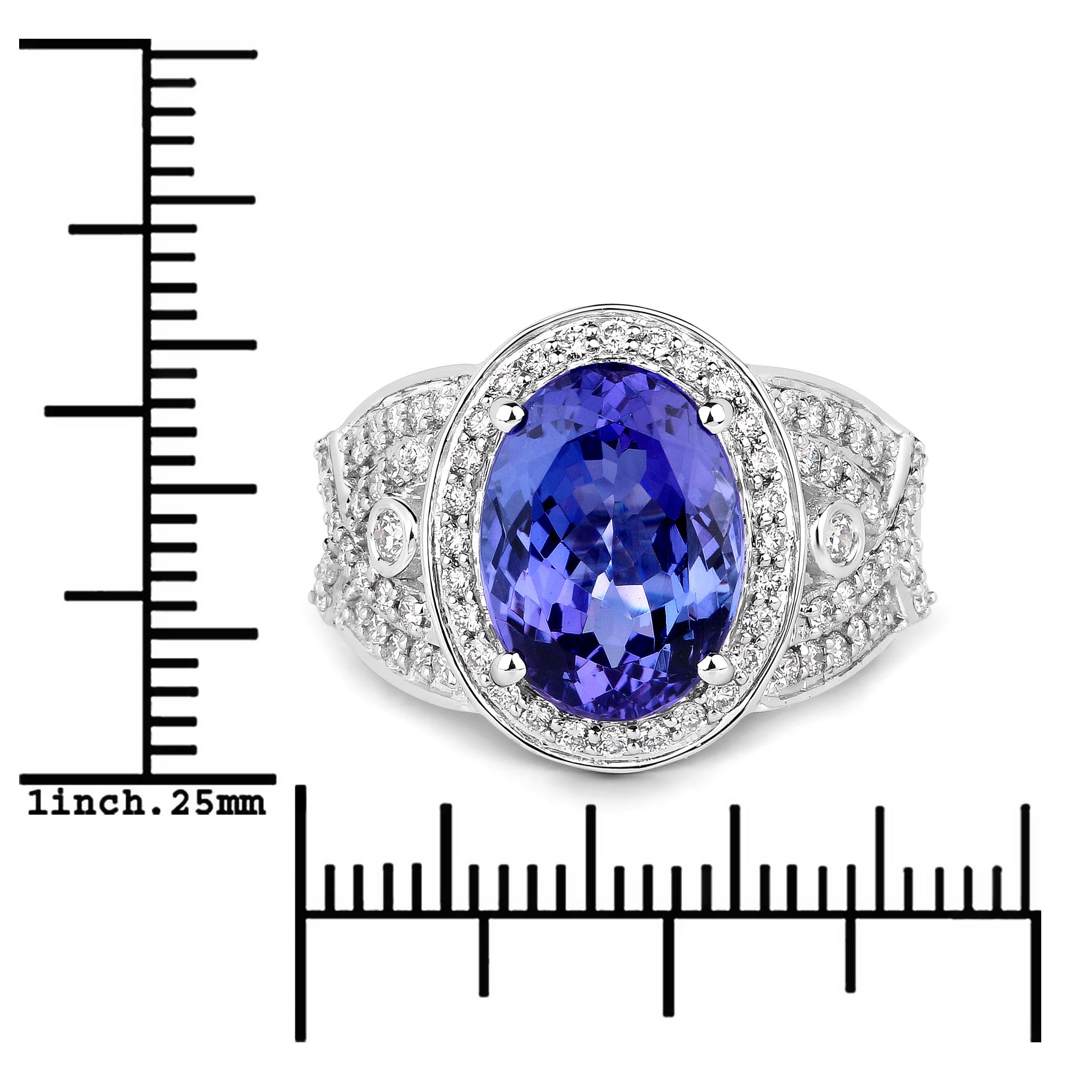 Oval Cut 5.26 Carat Genuine Tanzanite and Diamond 14 Karat White Gold Cocktail Ring For Sale