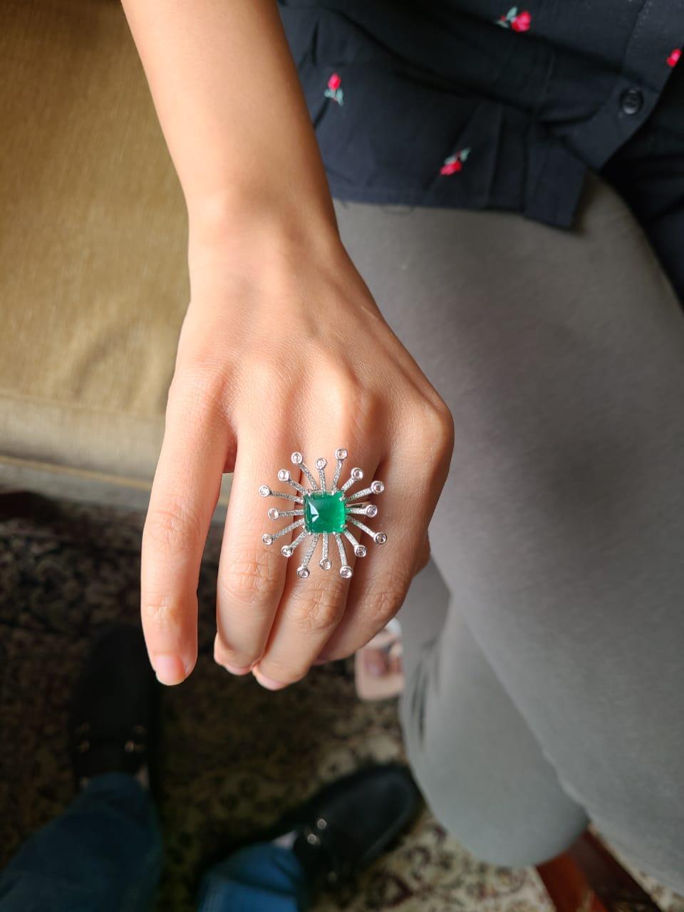 Women's 5.26 Carat Natural Emerald Cabochon Ring Set in 18 Karat Gold with Diamonds