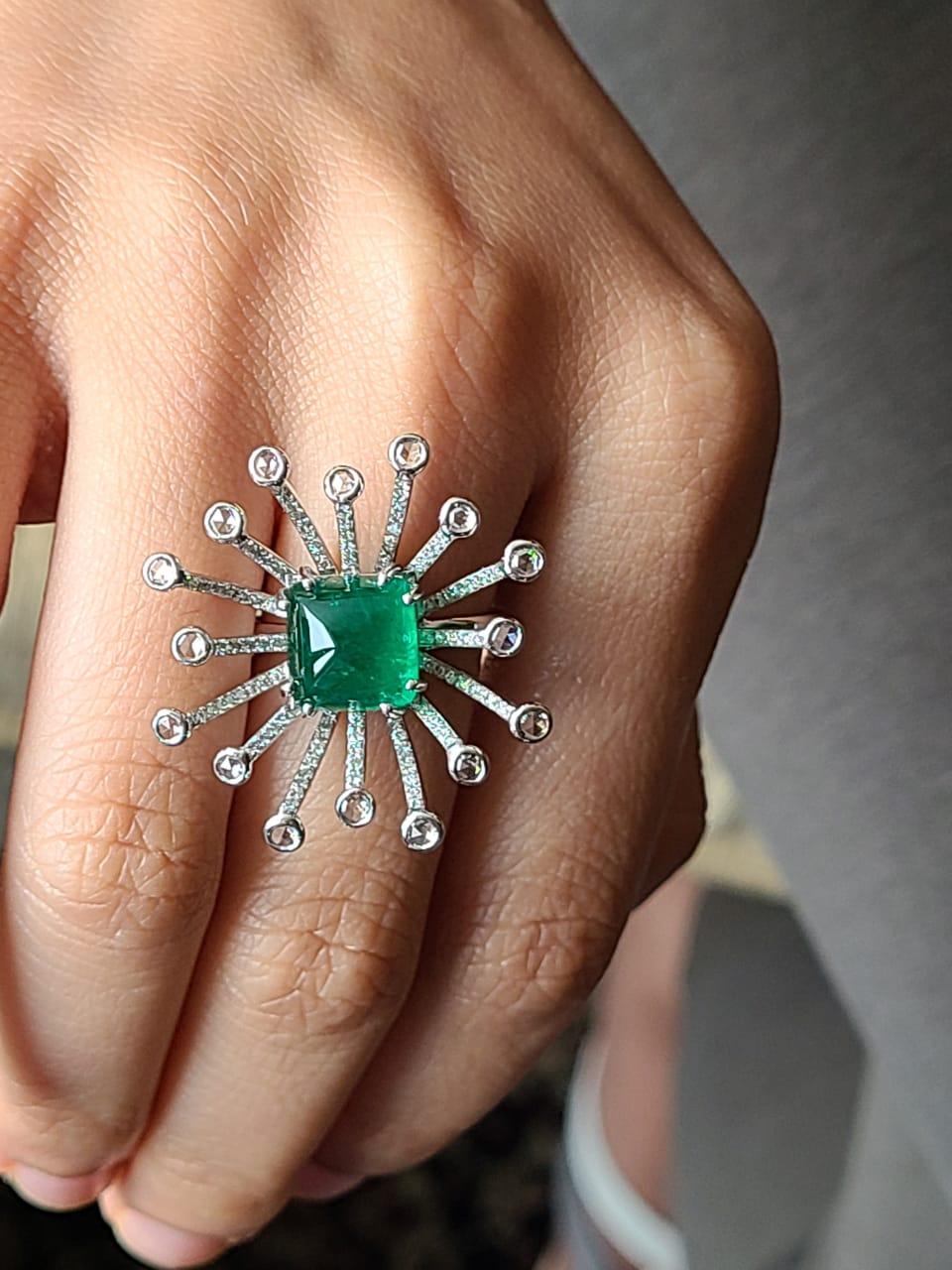5.26 Carat Natural Emerald Cabochon Ring Set in 18 Karat Gold with Diamonds 1