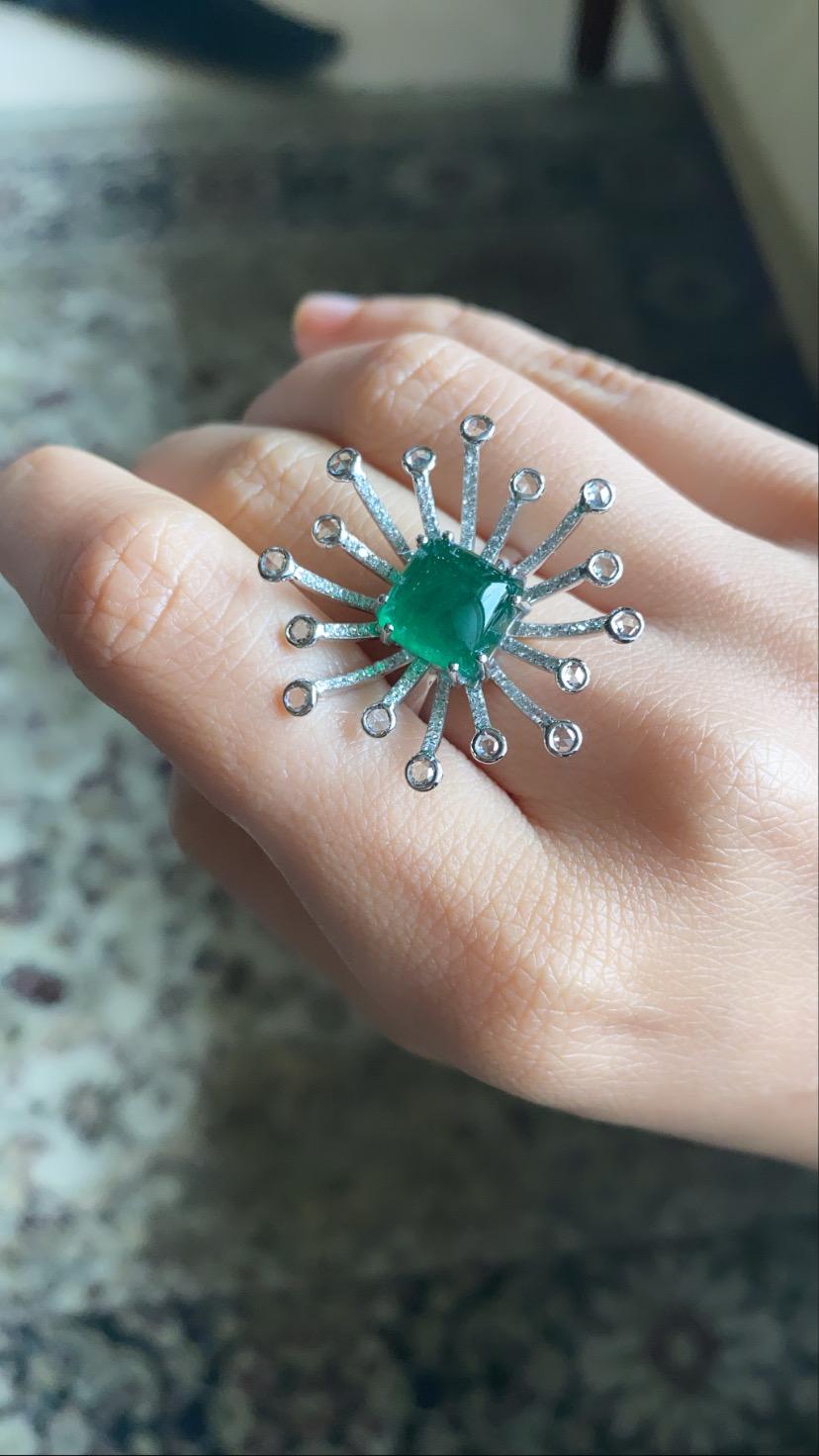 5.26 Carat Natural Emerald Cabochon Ring Set in 18 Karat Gold with Diamonds 2