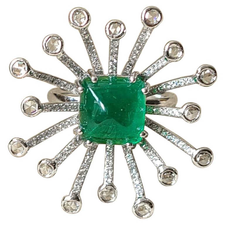 5.26 Carat Natural Emerald Cabochon Ring Set in 18 Karat Gold with Diamonds