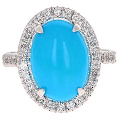 Bague à la mode en or blanc avec diamants et turquoise taille ovale de 5,26 carats