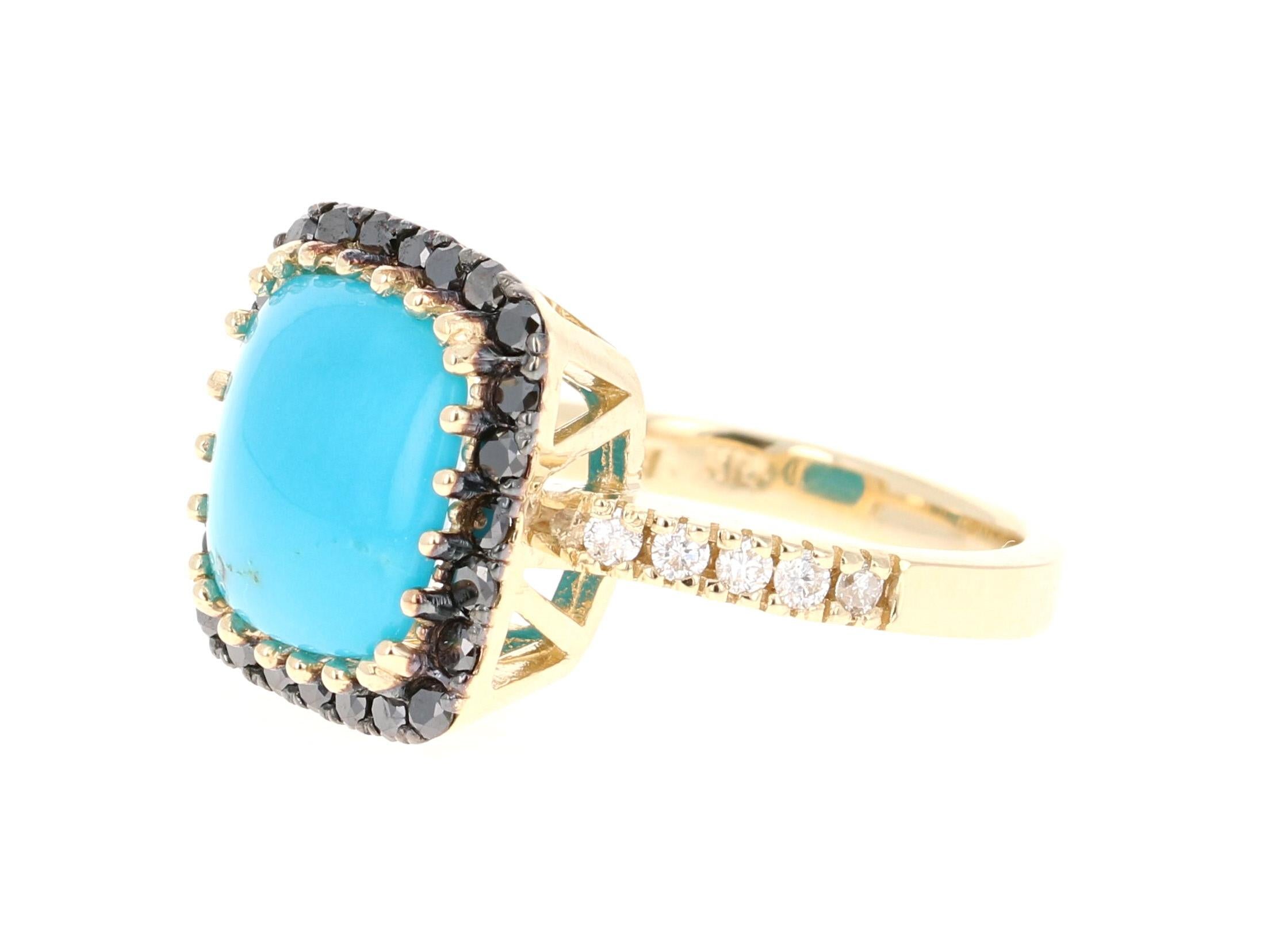 Cushion Cut 5.26 Carat Turquoise Black Diamond 14 Karat Yellow Gold Ring