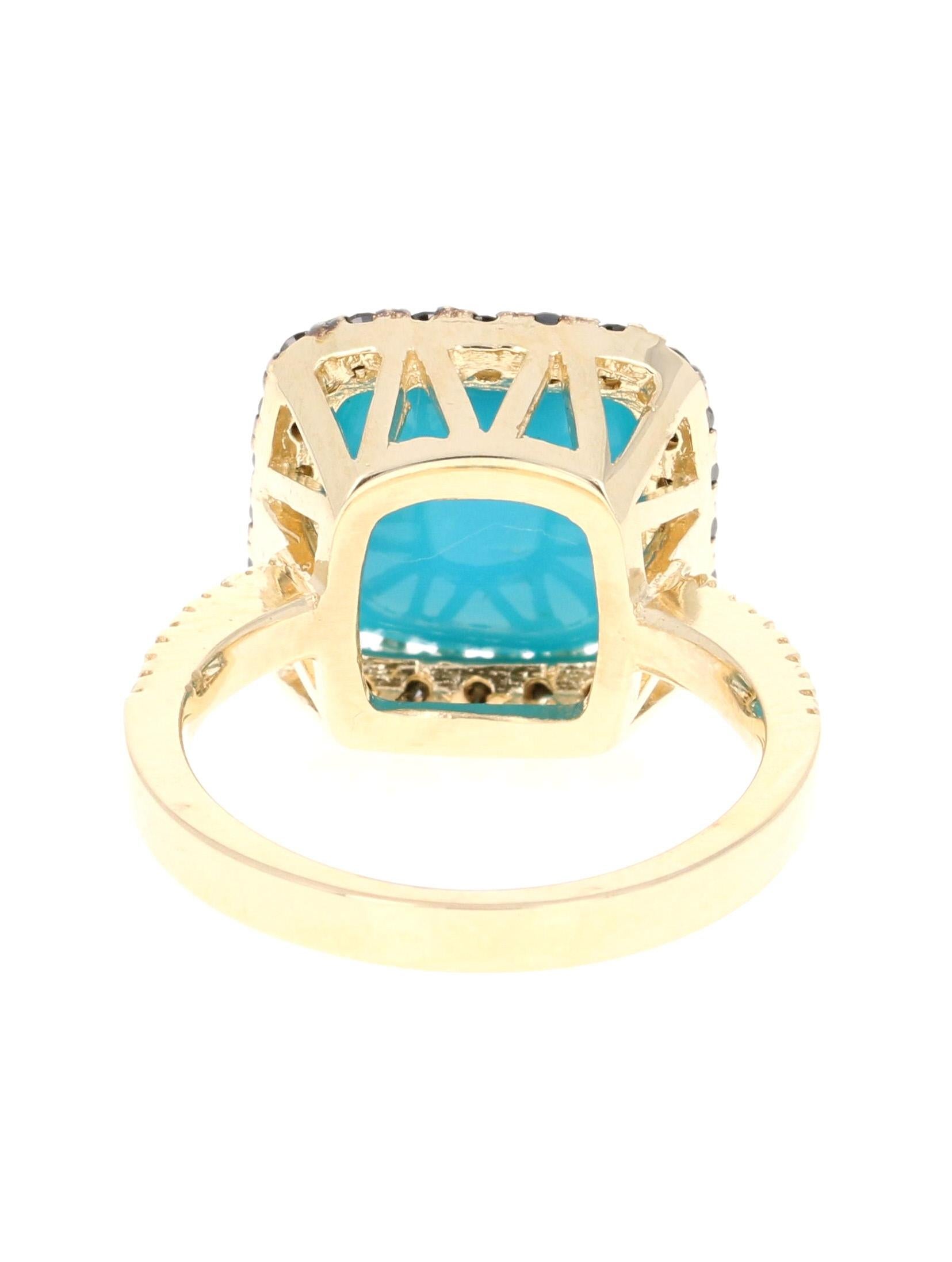 5.26 Carat Turquoise Black Diamond 14 Karat Yellow Gold Ring In New Condition In Los Angeles, CA