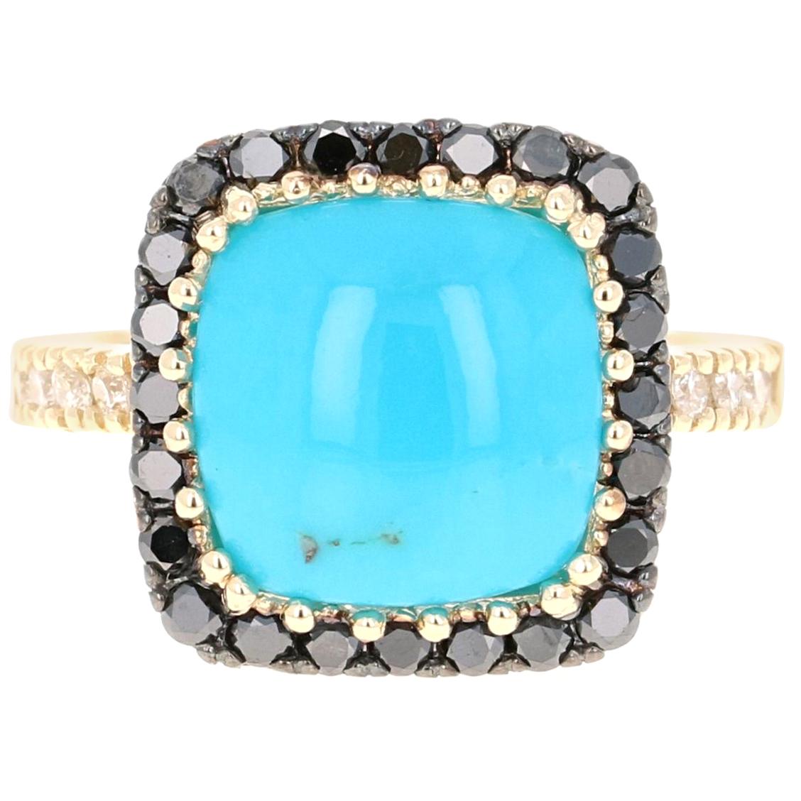 5.26 Carat Turquoise Black Diamond 14 Karat Yellow Gold Ring