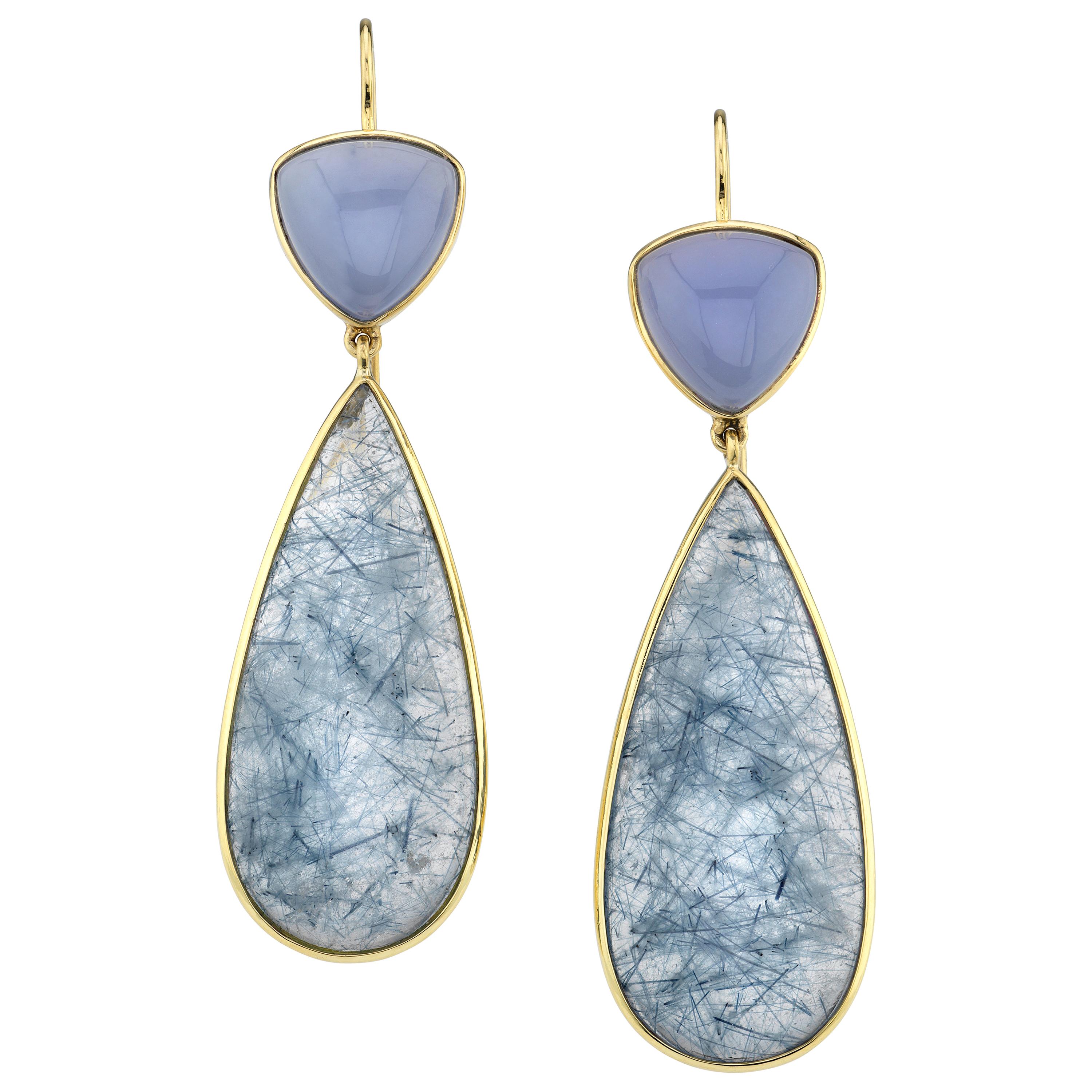 Actinolite and Chalcedony Dangle Earrings in Yellow Gold, 52.66 Carats Total For Sale