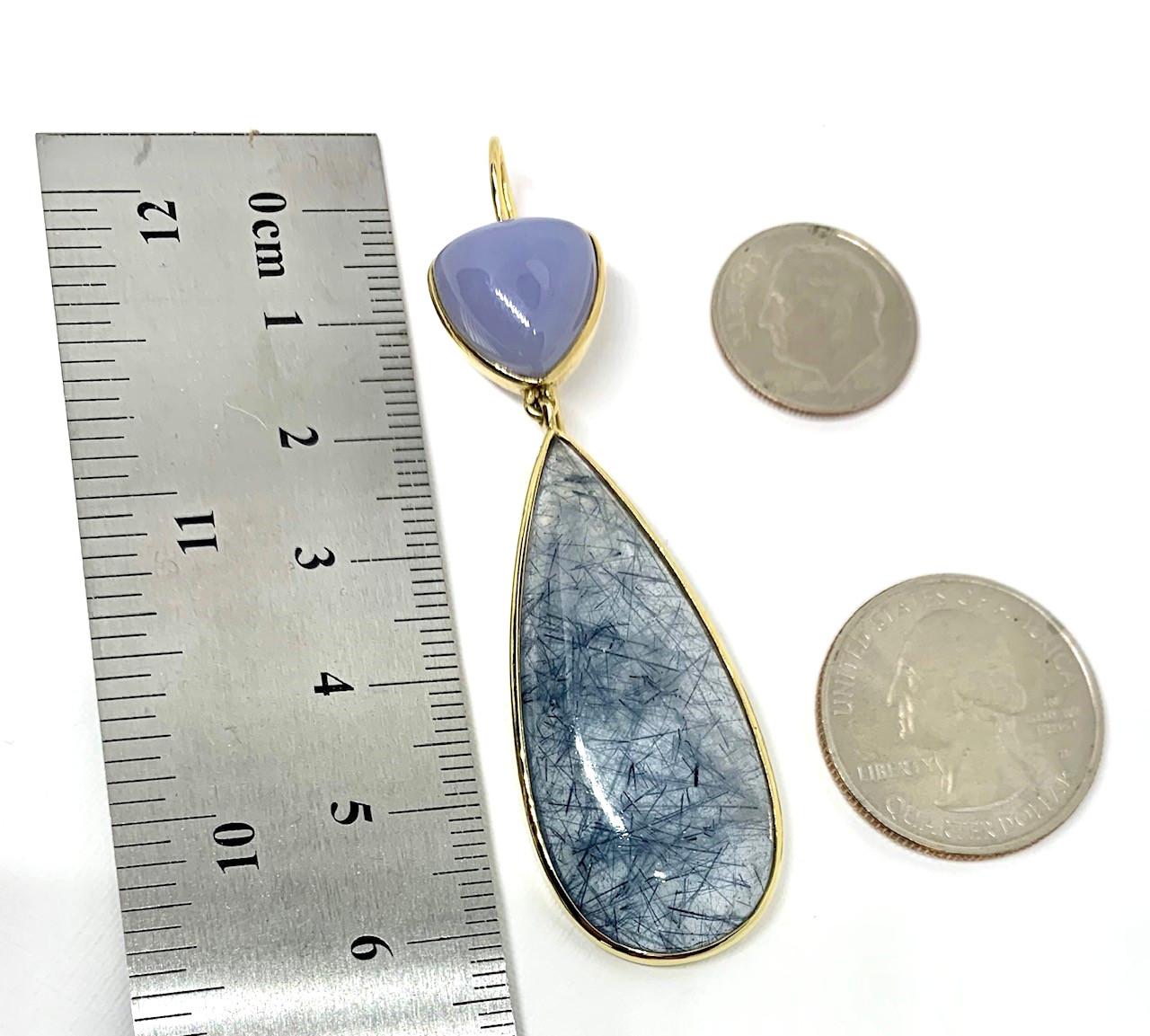 Pear Cut Actinolite and Chalcedony Dangle Earrings in Yellow Gold, 52.66 Carats Total For Sale