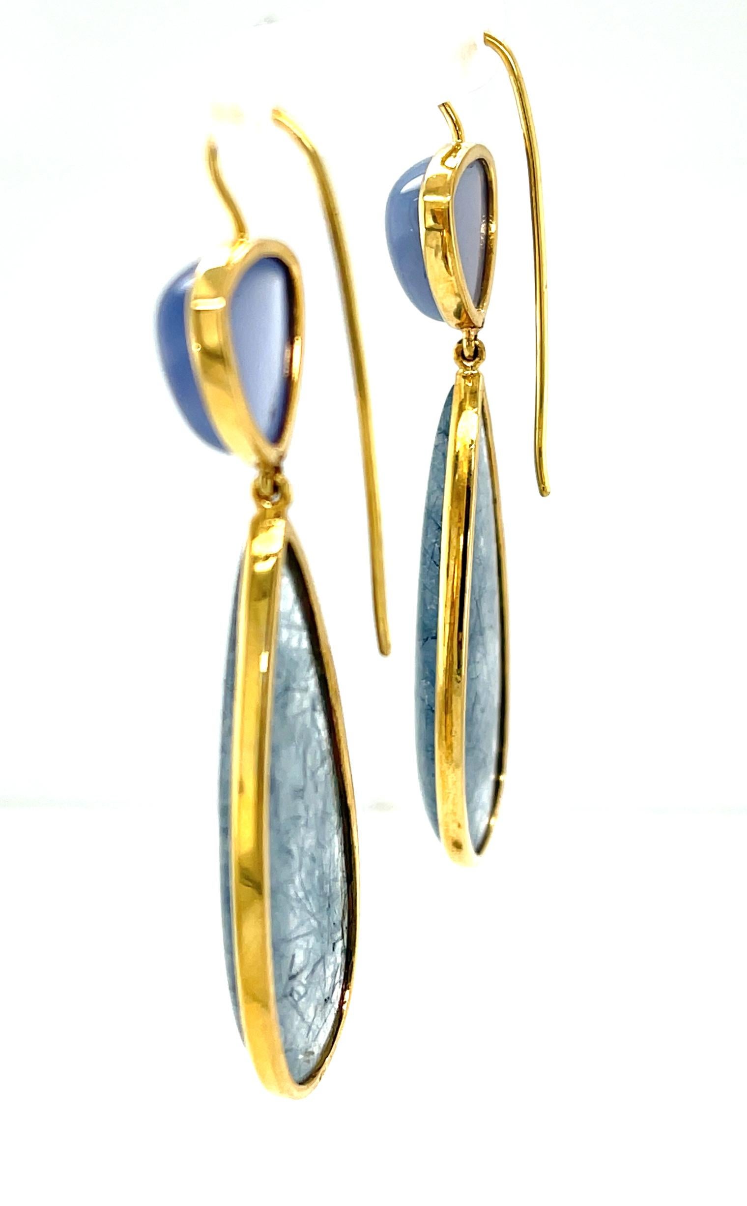 Artisan Actinolite and Chalcedony Dangle Earrings in Yellow Gold, 52.66 Carats Total For Sale