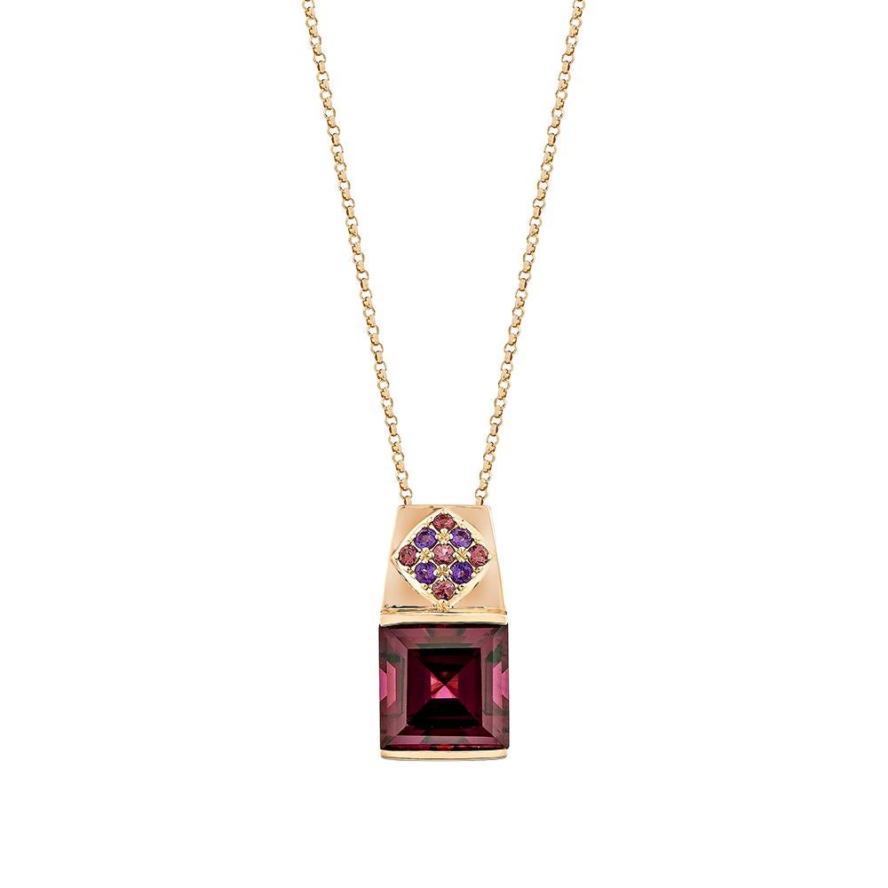 This timeless, elegant rhodolite pendant in the shape of a princess, set with amethyst and pink tourmaline, may be worn on a daily basis as well as for special occasions. This pendant is made of rose gold and is pretty lovely.

Rhodolite Pendant in