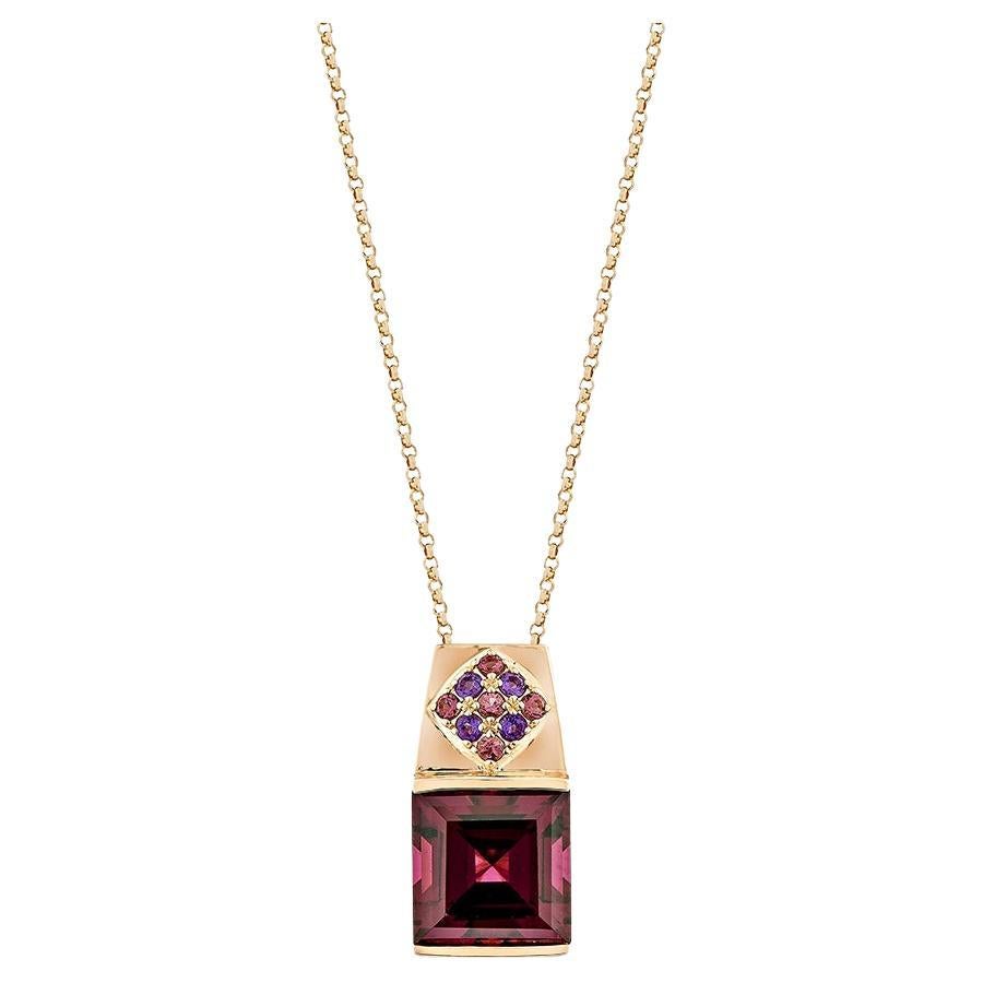 5.268 Carat Rhodolite Pendant in 18KRG with Amethyst and Pink Tourmaline. For Sale
