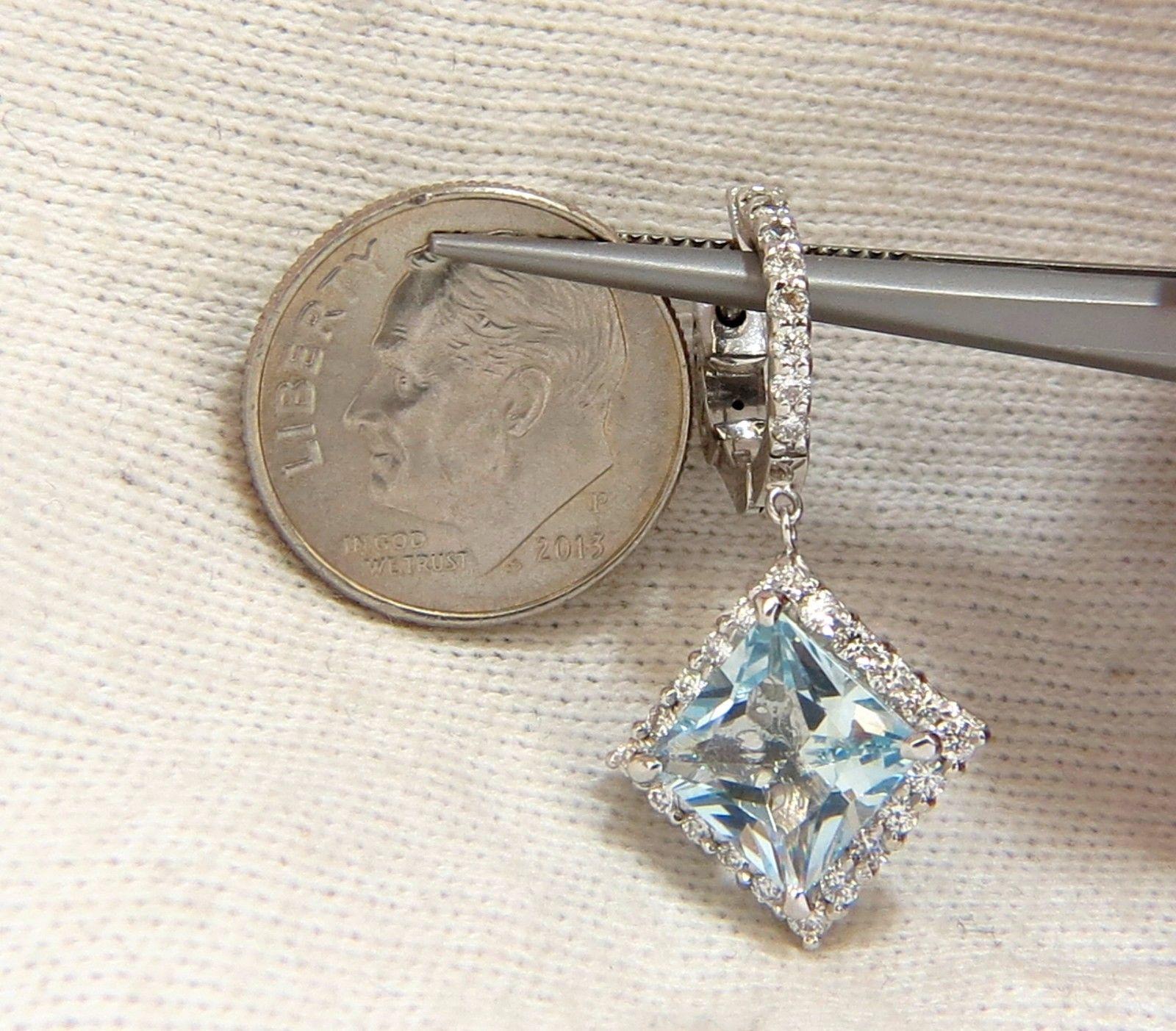 Princess Cut 5.26ct NATURAL AQUA BLUES DIAMOND DANGLE EARRINGS 14KT CLUSTER HALO HOOP