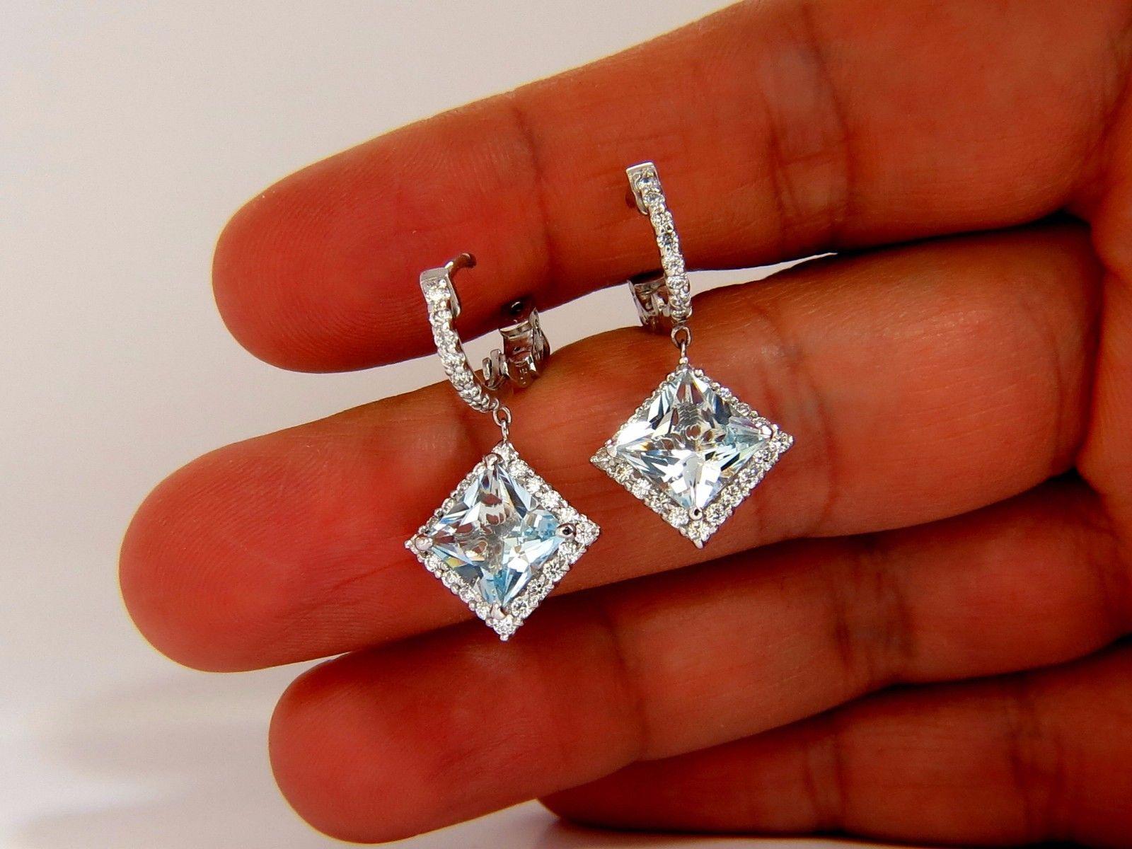 5.26ct NATURAL AQUA BLUES DIAMOND DANGLE EARRINGS 14KT CLUSTER HALO HOOP In New Condition In New York, NY