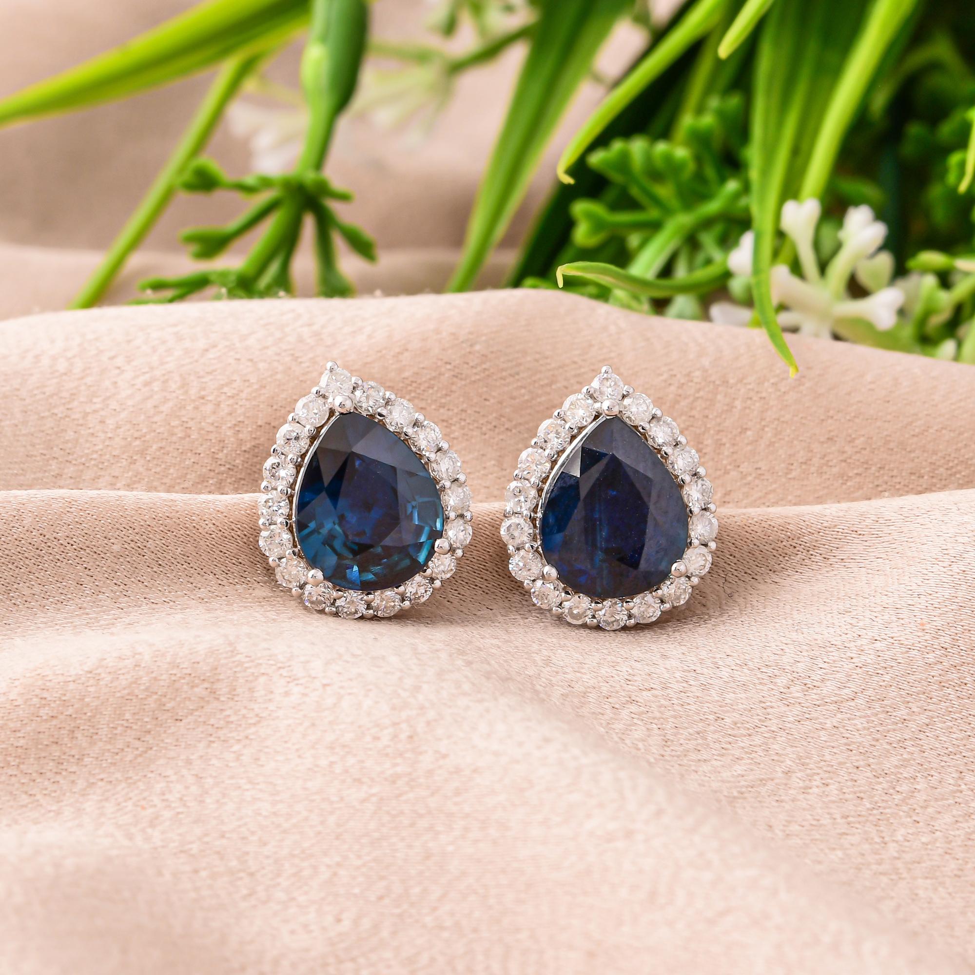 Pear Cut 5.27 Carat Blue Sapphire Earrings 0.82 Carat SI/H Diamond 14k White Gold Jewelry For Sale