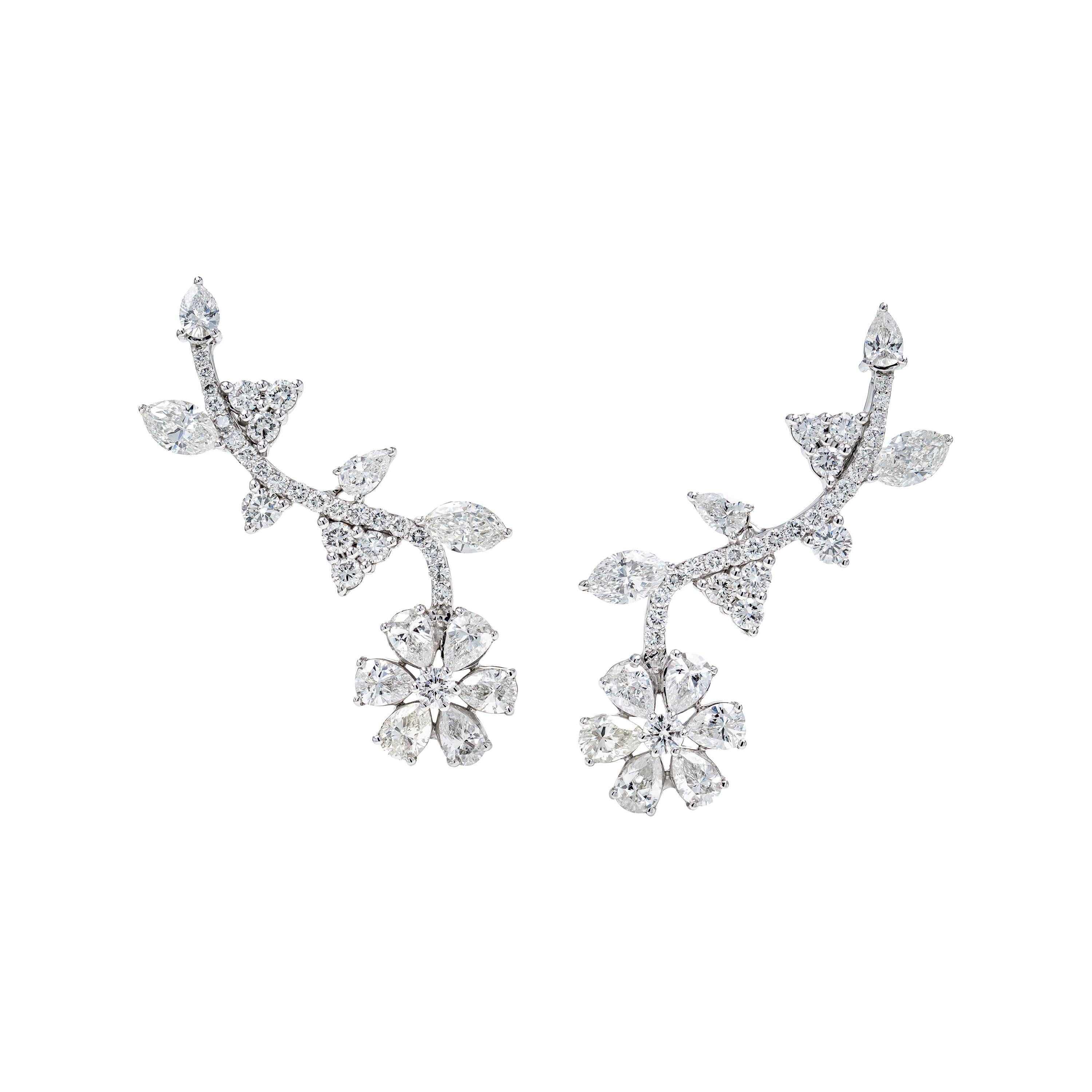 5.27 Carat Floral Diamond Leaf Earrings in 18k White Gold For Sale