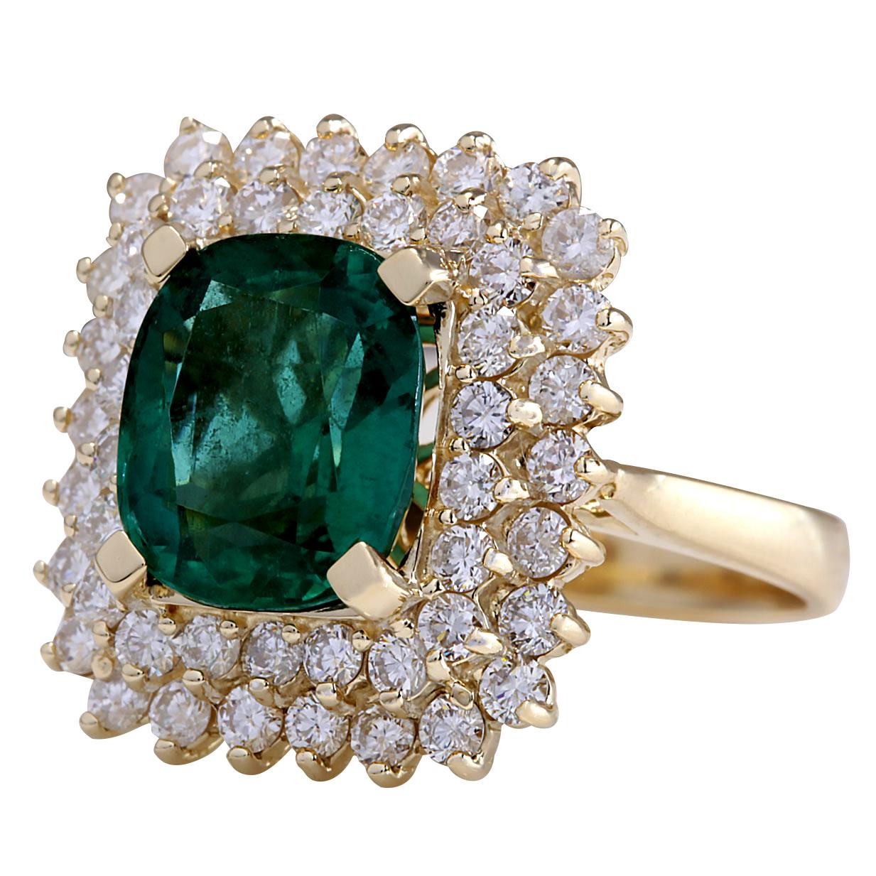 Stamped: 14K Yellow Gold
Total Ring Weight: 7.0 Grams
Total Natural Emerald Weight is 3.87 Carat (Measures: 10.00x8.00 mm)
Color: Green
Total Natural Diamond Weight is 1.40 Carat
Color: F-G, Clarity: VS2-SI1
Face Measures: 18.55x16.85 mm
Sku: