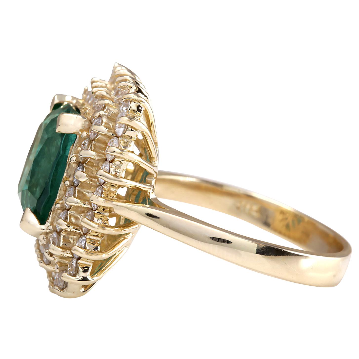 Cushion Cut Emerald Diamond Ring In 14 Karat Yellow Gold For Sale