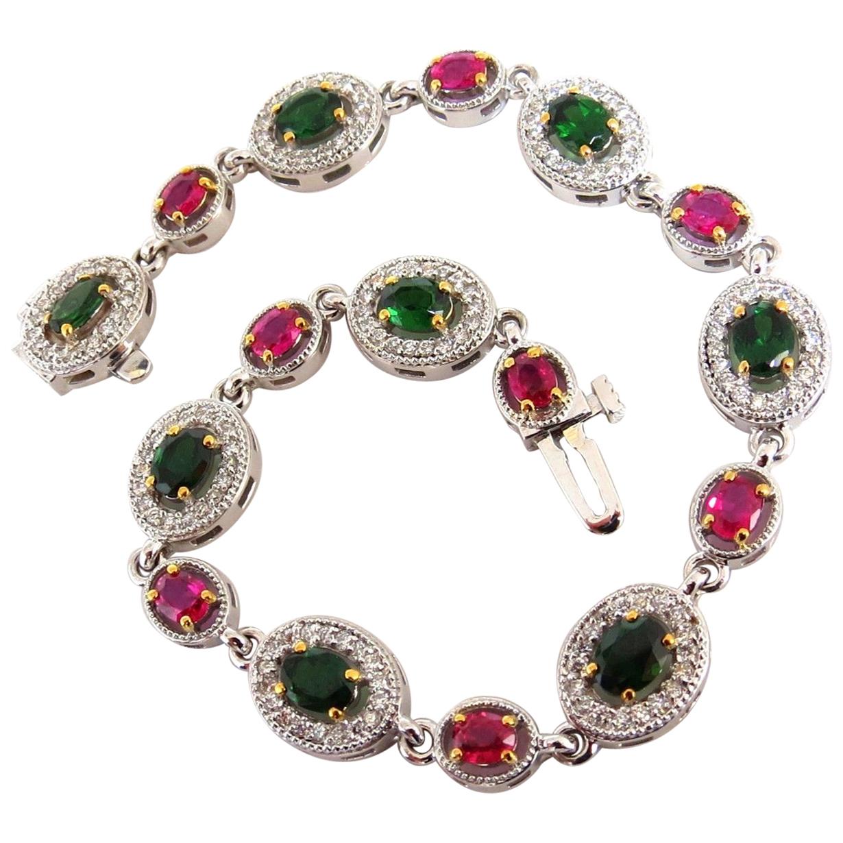 5.27 Carat Natural Tsavorite Ruby Diamonds Cluster Link Bracelet For Sale