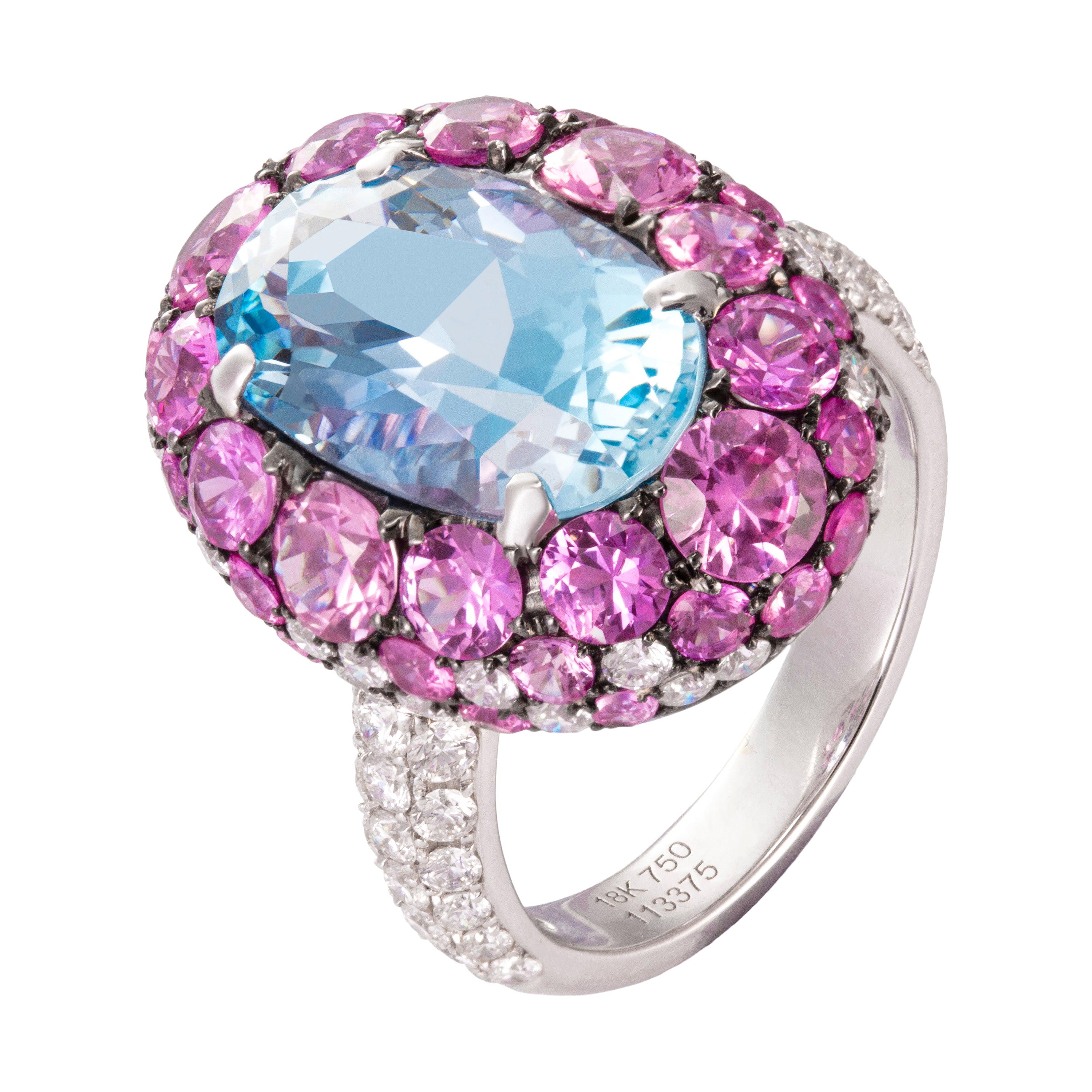5.27 Carat Oval Aquamarine Pink Sapphire Diamond 18 Karat Gold Cocktail Ring