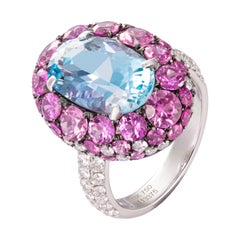 5.27 Carat Oval Aquamarine Pink Sapphire Diamond 18 Karat Gold Cocktail Ring