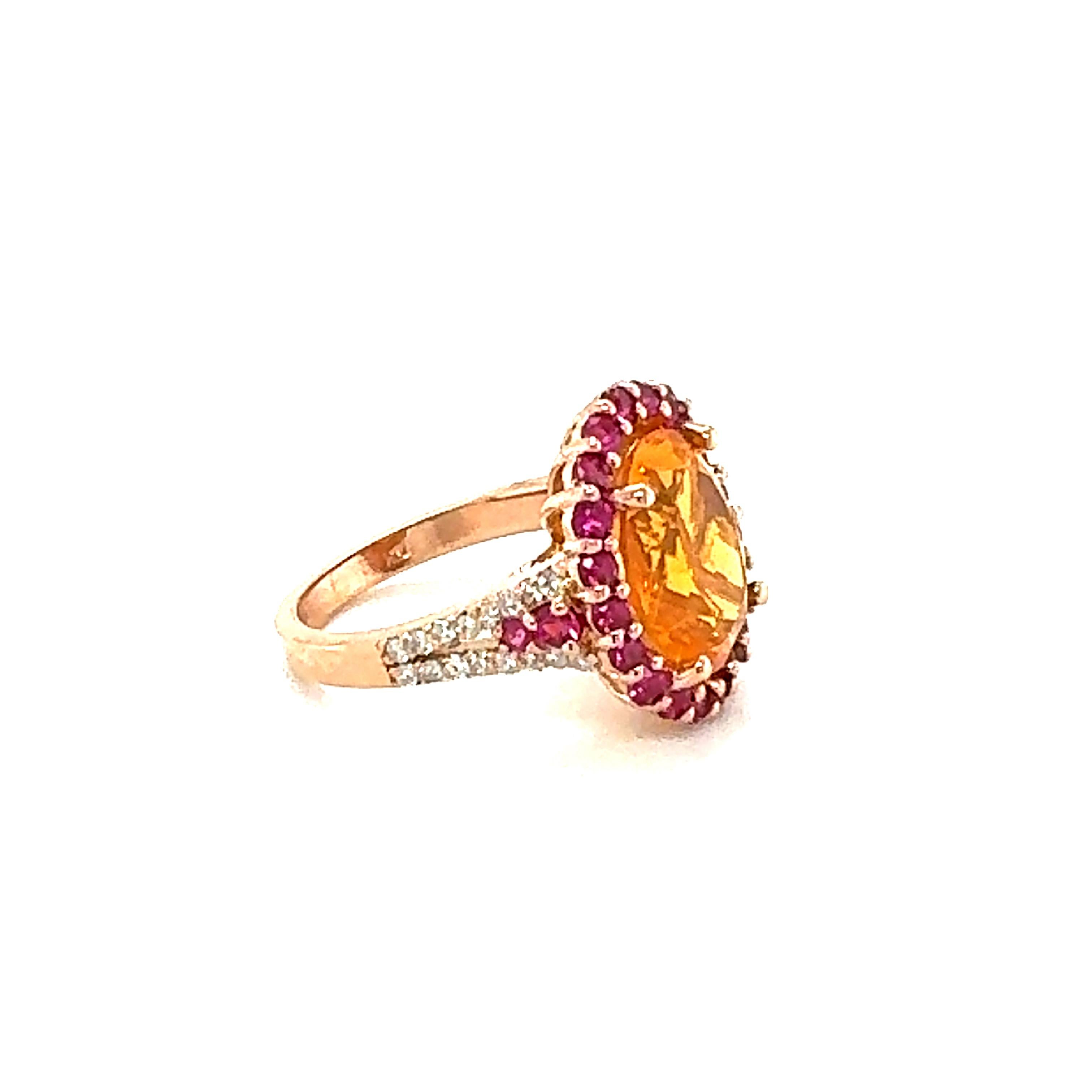 Contemporary 5.27 Carat Oval Cut Fire Opal Sapphire Diamond Rose Gold Cocktail Ring For Sale